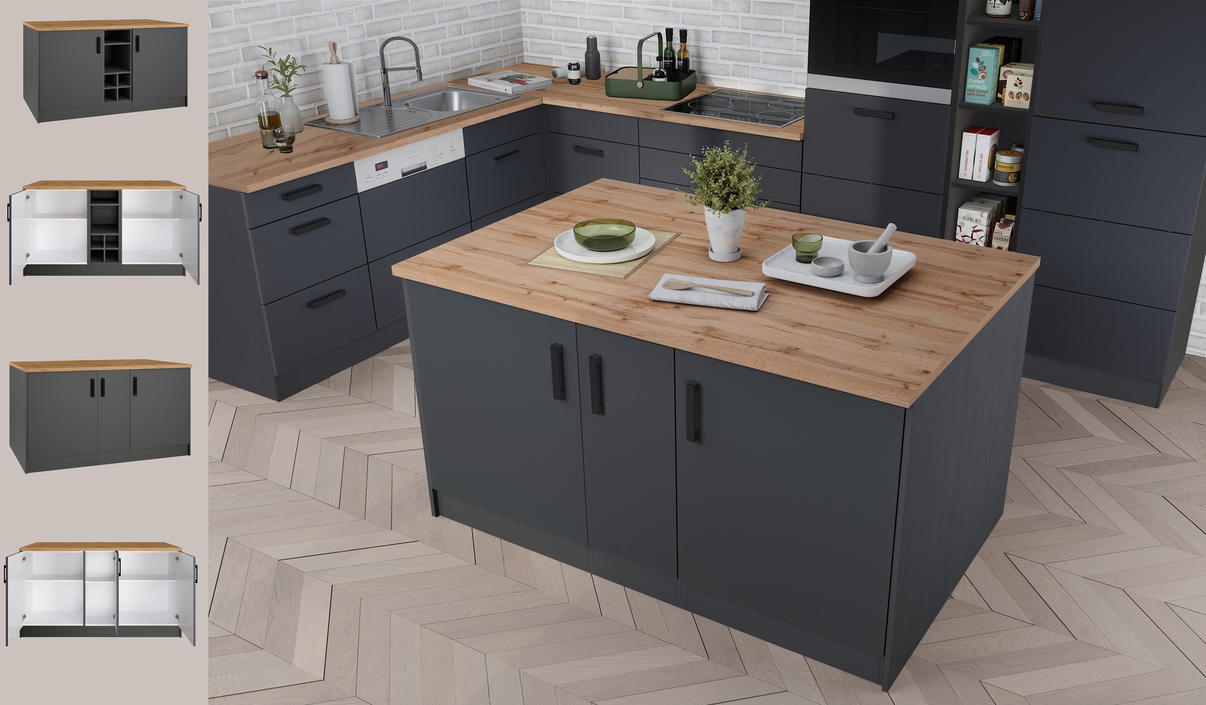 KOCHSTATION Kücheninsel »KS-Toronto«, Breite 153 cm, MDF-Fronten, Flaschenregal