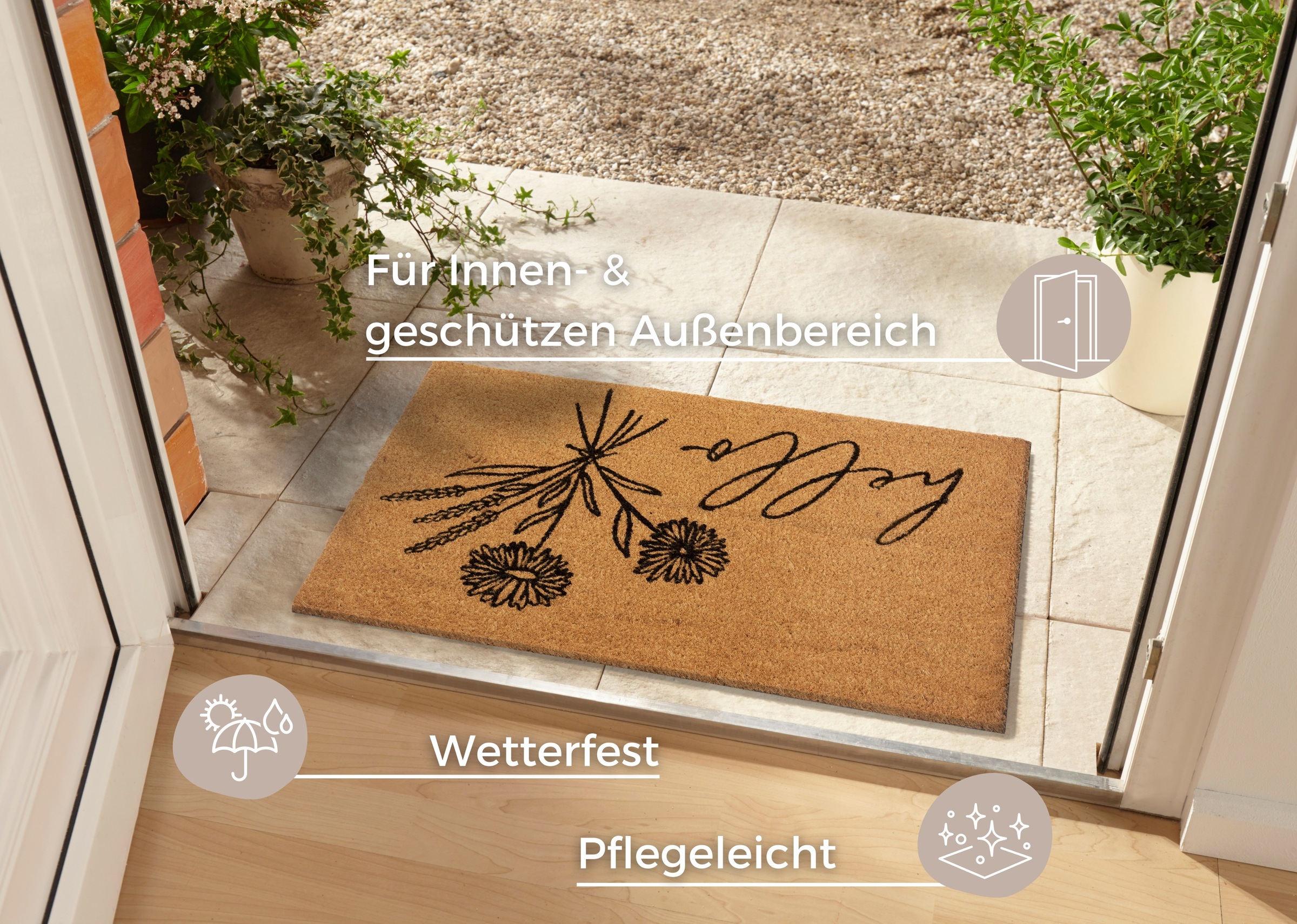 HANSE Home Fußmatte »Hello & Flowers, Türmatte«, rechteckig, 15 mm Höhe, Kokos, Schmutzfangmatte, Outdoor, Rutschfest, Innen, Kokosmatte, Flur