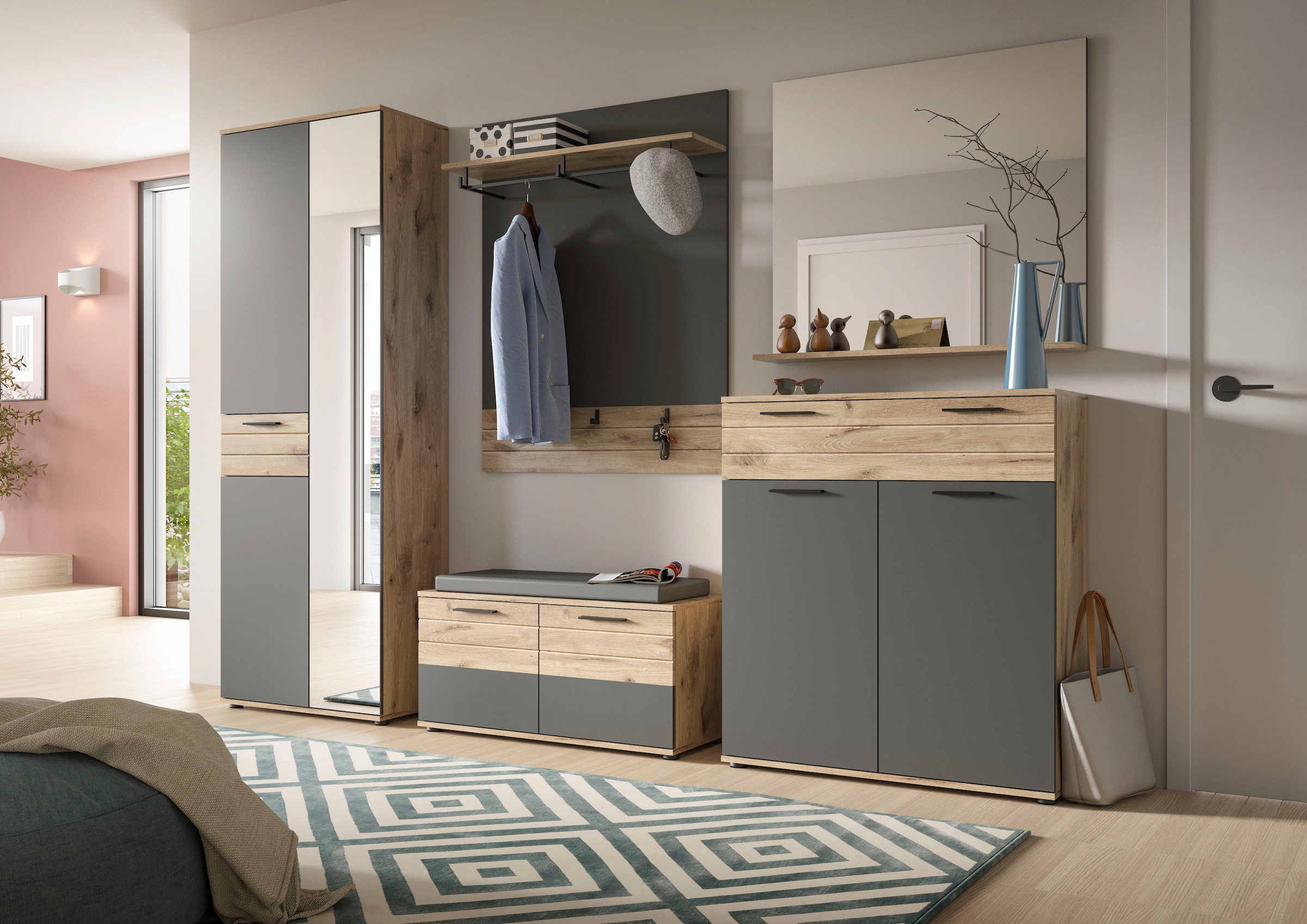 INOSIGN Schuhkommode »Riga, Breite 90 cm, 2 Türen, 1 Schubkasten, 4 Einlegeböden, 5 Fächer«, hochwertige Rillenfräsung, mit Softclose, Kommode, Anrichte, Schrank