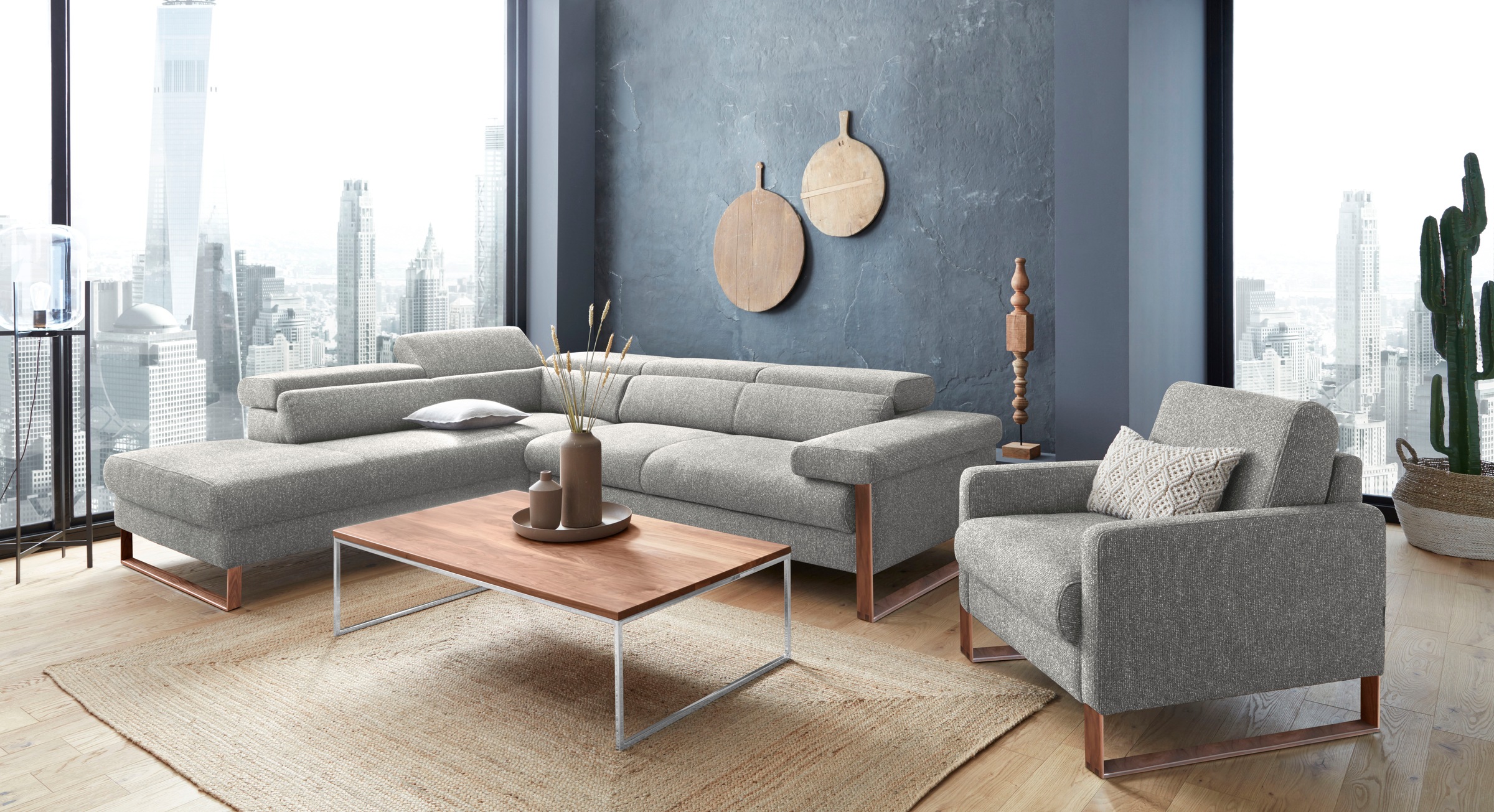 W.SCHILLIG Ecksofa »finn, Designsofa mit tollem Sitzkomfort, bequem, L-Form«, German Design Award 2016, Fußgestell Nussbaum natur, Breite 281 cm