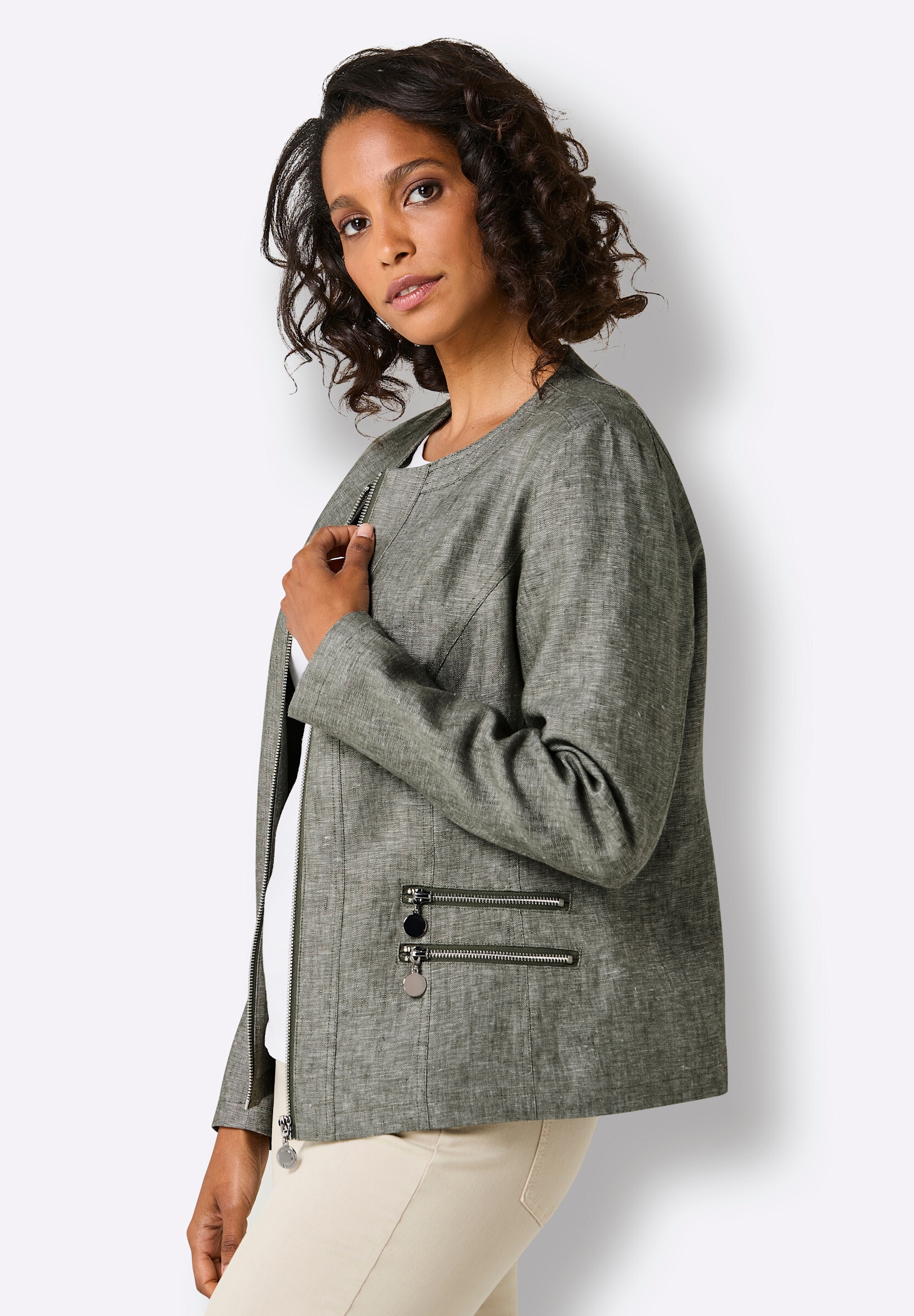 creation L Blusenblazer »Leinen-Blazer Leinenblazer mit Reißverschluss-Taschen«