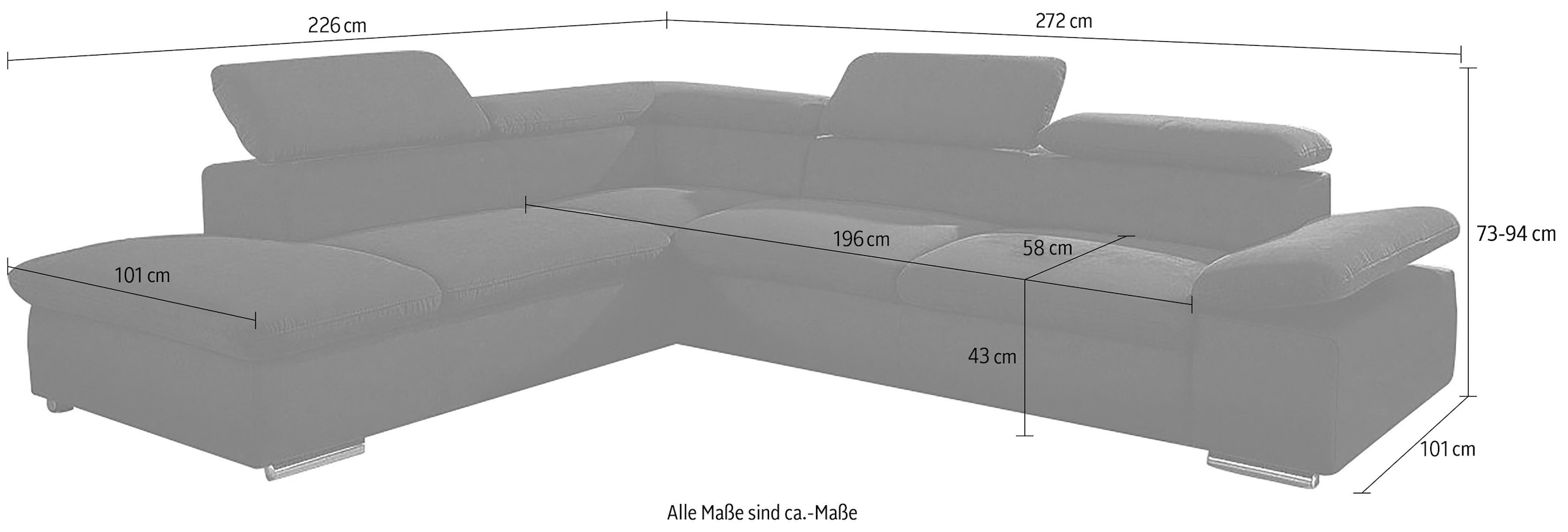 sit&more Ecksofa »Valentine L-Form, B: 272 cm« mit Arm- & Kopfteilverstellung, optional mit Bettfunktion