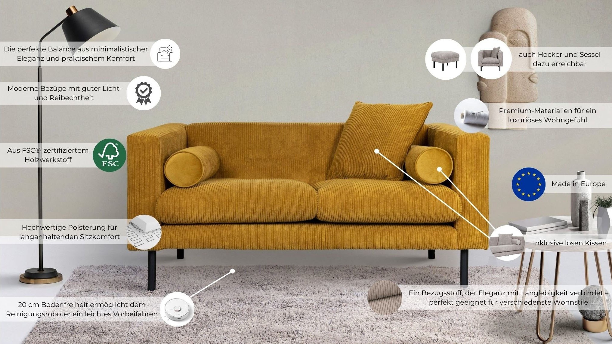 Guido Maria Kretschmer Home&Living 2-Sitzer »Lillibeth Designsofa mit Wellenunterfederung, Maße B/T/H: 155/74/83 cm«, Zierkissen als Wendekissen, in Samtoptik oder Cord