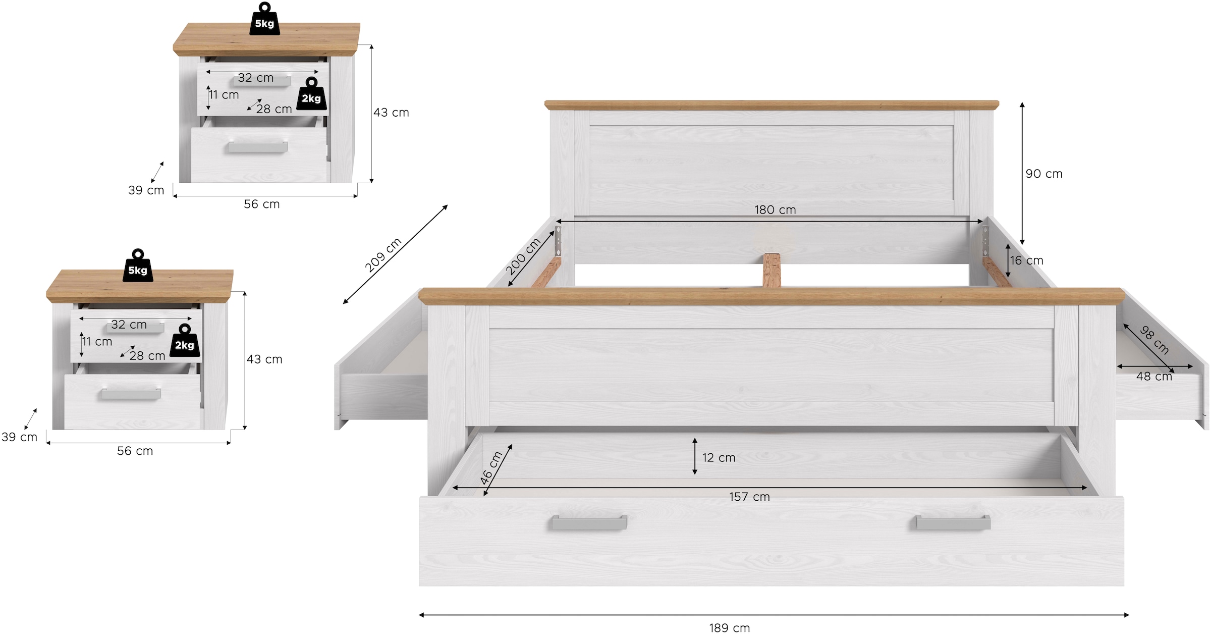 Home affaire Schlafzimmer-Set »COSENZA, TOPSELLER!, 3-teilig, Stauraumbett & 2x Nachttisch« Matratzengröße 180x200 cm, viel Stauraum, ohne Lattenrost & Matratze, 3 tlg. tlg. Schlafzimmer, Schlafen, Set, Kombination, Bettanlage