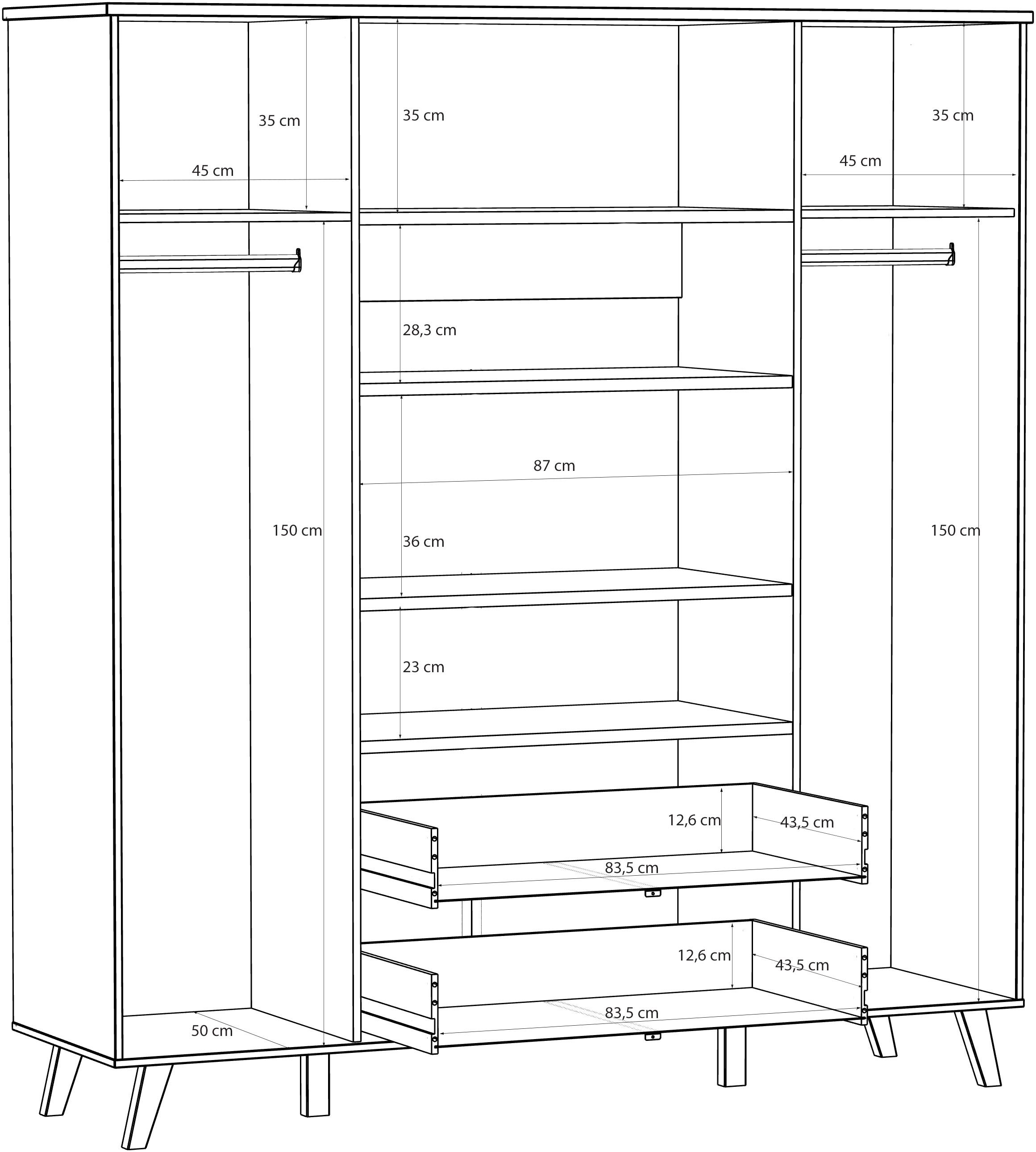 FORTE Kleiderschrank »Vankka, Drehtürenschrank, Viel Stauraum, skandinavischer Stil« Made in Europe, mit Einlegeböden+Kleiderstangen+Schubladen,grifflos
