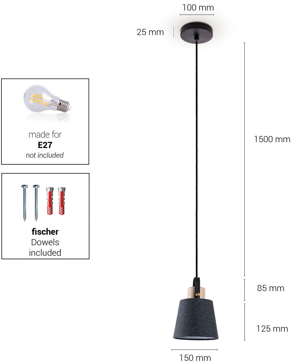 Paco Home Pendelleuchte »MARTA«, Leuchtmittel E27 | ohne Leuchtmittel, Wohnzimmer Esszimmer Industrial Design E27 Stoffschirm 1,5m Kabel