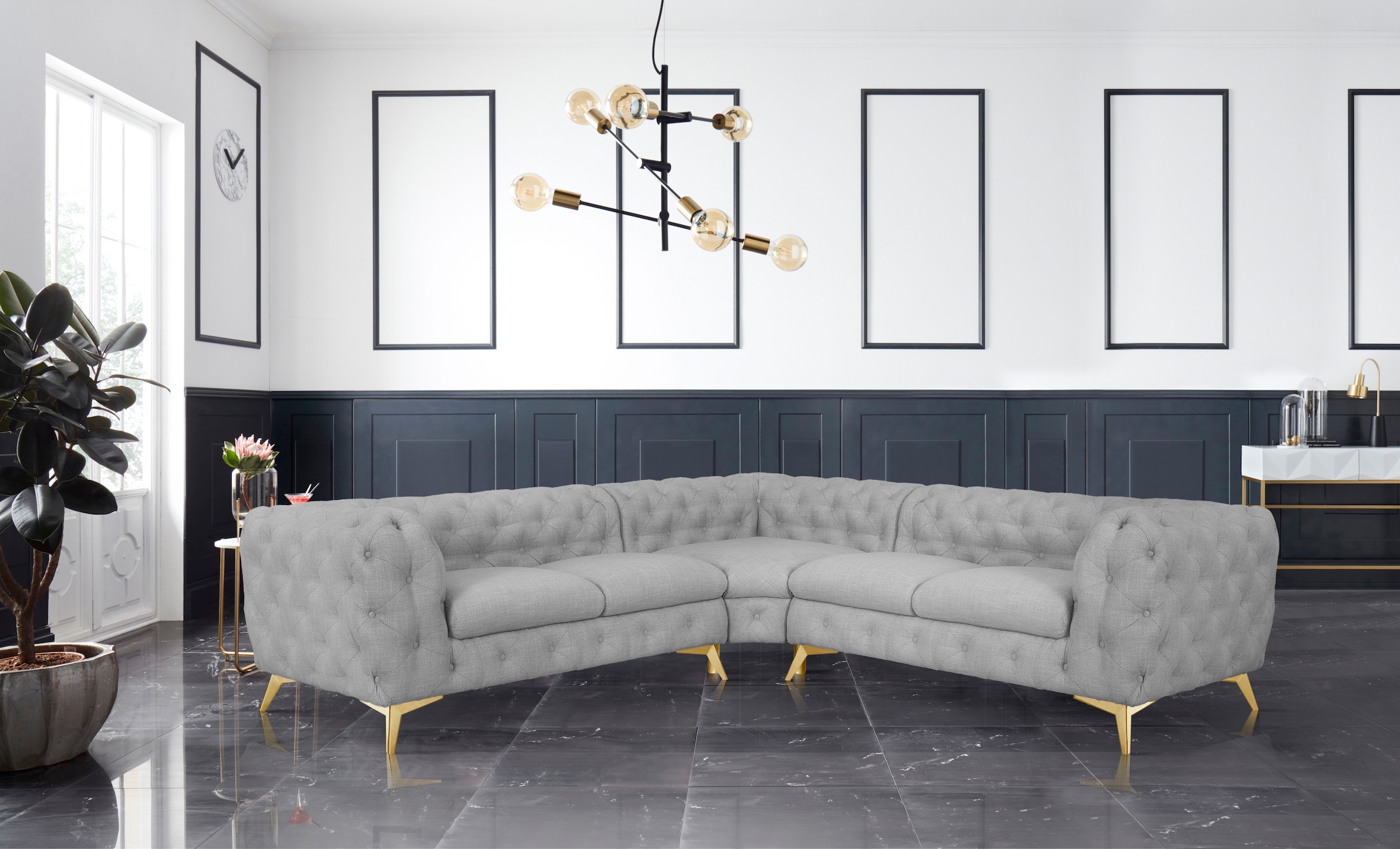 Leonique Chesterfield-Sofa »Ecksofa GLYNIS L-Form mit Wellenunterfederung, Maße B/T/H 264/264/75cm«, aufwändige Knopfheftung, moderne Chesterfield Optik, Fußfarbe wählbar