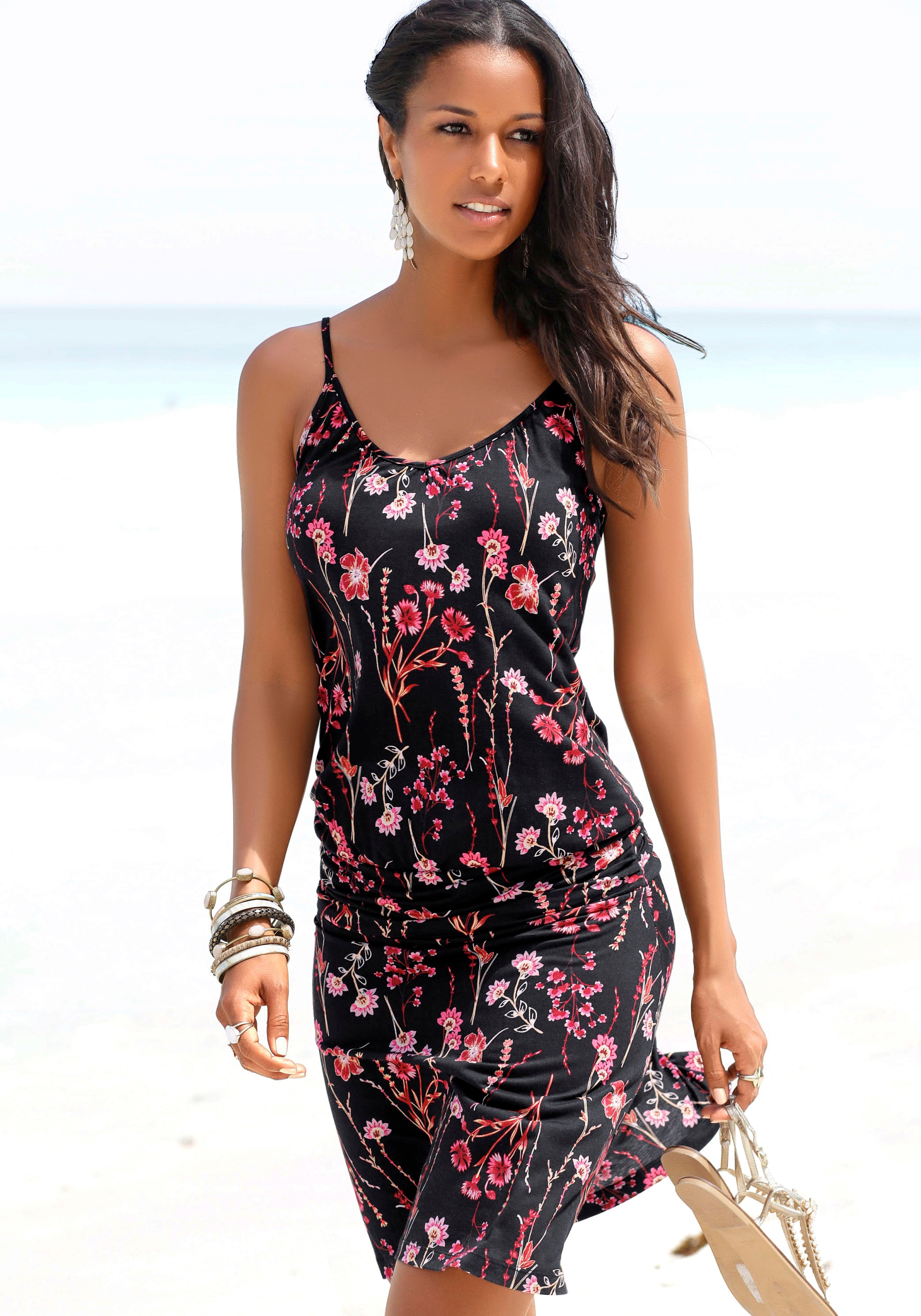 Strandkleid, mit Blumenprint, figurumspielendes Sommerkleid, Jerseykleid