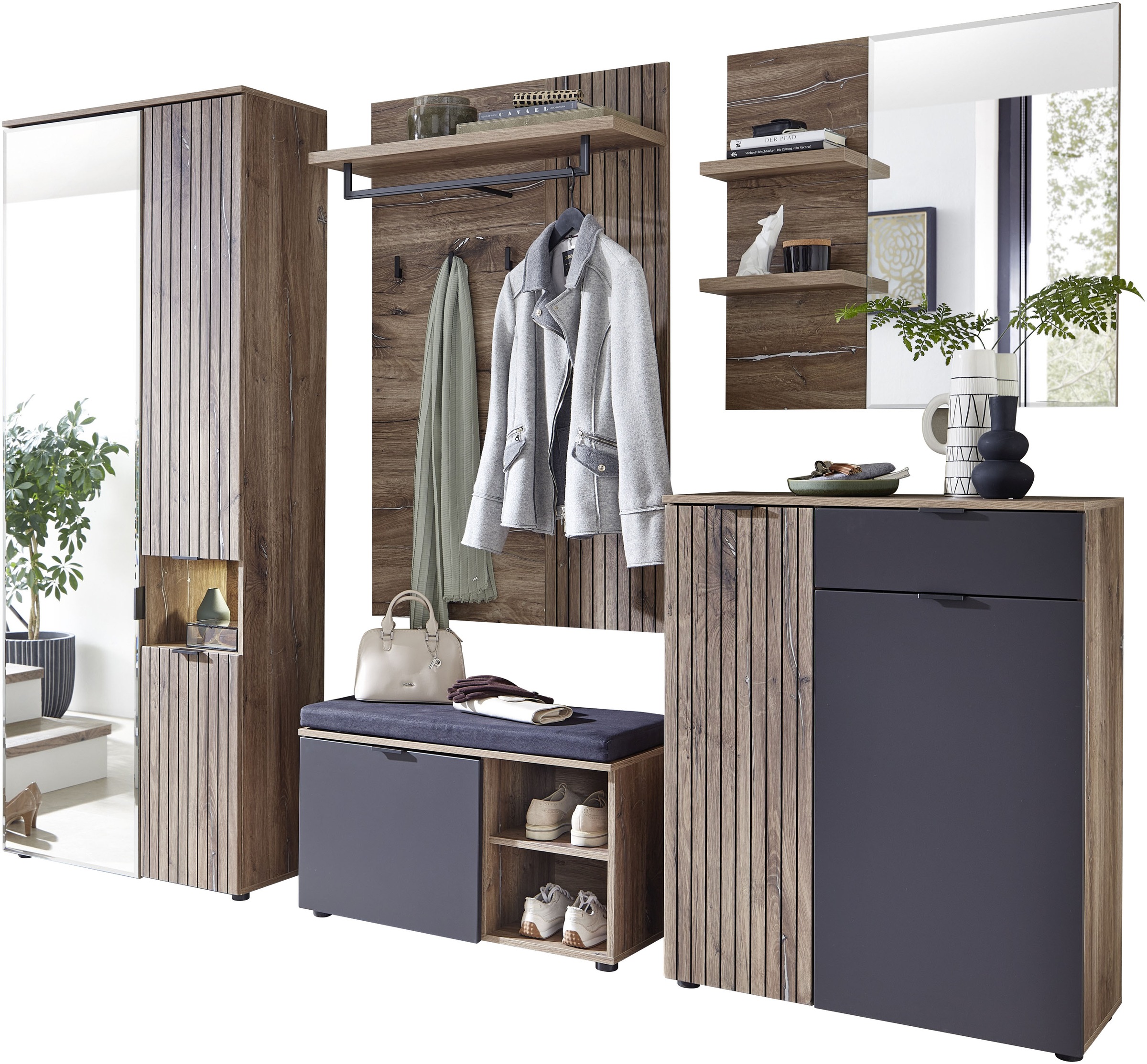 Innostyle Garderobenschrank »LINEA Garderoben Set,besteht aus 5 Typen, 266x204x38cm (B/H/T)«, (5 St.), Spiegeltür, 2 Holztüren,Led-Beleuchtung, Soft-Close,ABS-Schutzkanten