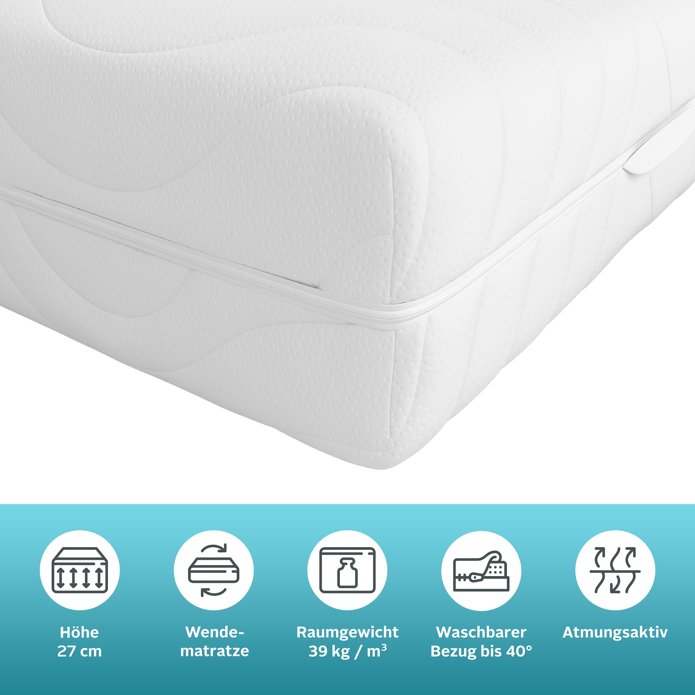 OTTO home Kaltschaummatratze »NEUHEIT, PREMIUM Tornby, 90x200 cm, 140x200 cm & mehr, atmungsaktiv« 27 cm hoch Raumgewicht: 39 kg/m³ 1 Stk. tlg. Wendematratze H2+3/H3+4/H4+5, ergonomisch, langlebige Qualität (RG 39)