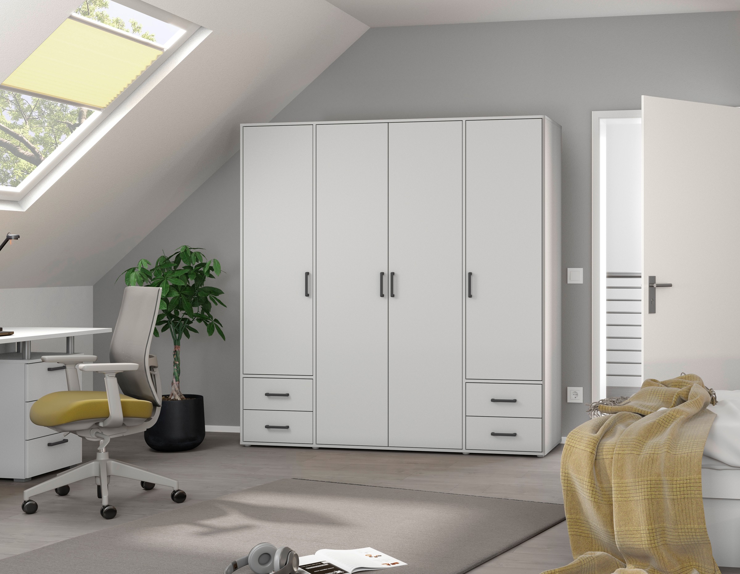 rauch Drehtürenschrank »Kleiderschrank Schrank Garderobe Wäscheschrank VOYAGER«, (in 3 verschiedenen Ausstattungen BASIC/CLASSIC/PREMIUM), moderne Griffe in Graumetallic mit Außenschubkästen MADE IN GERMANY
