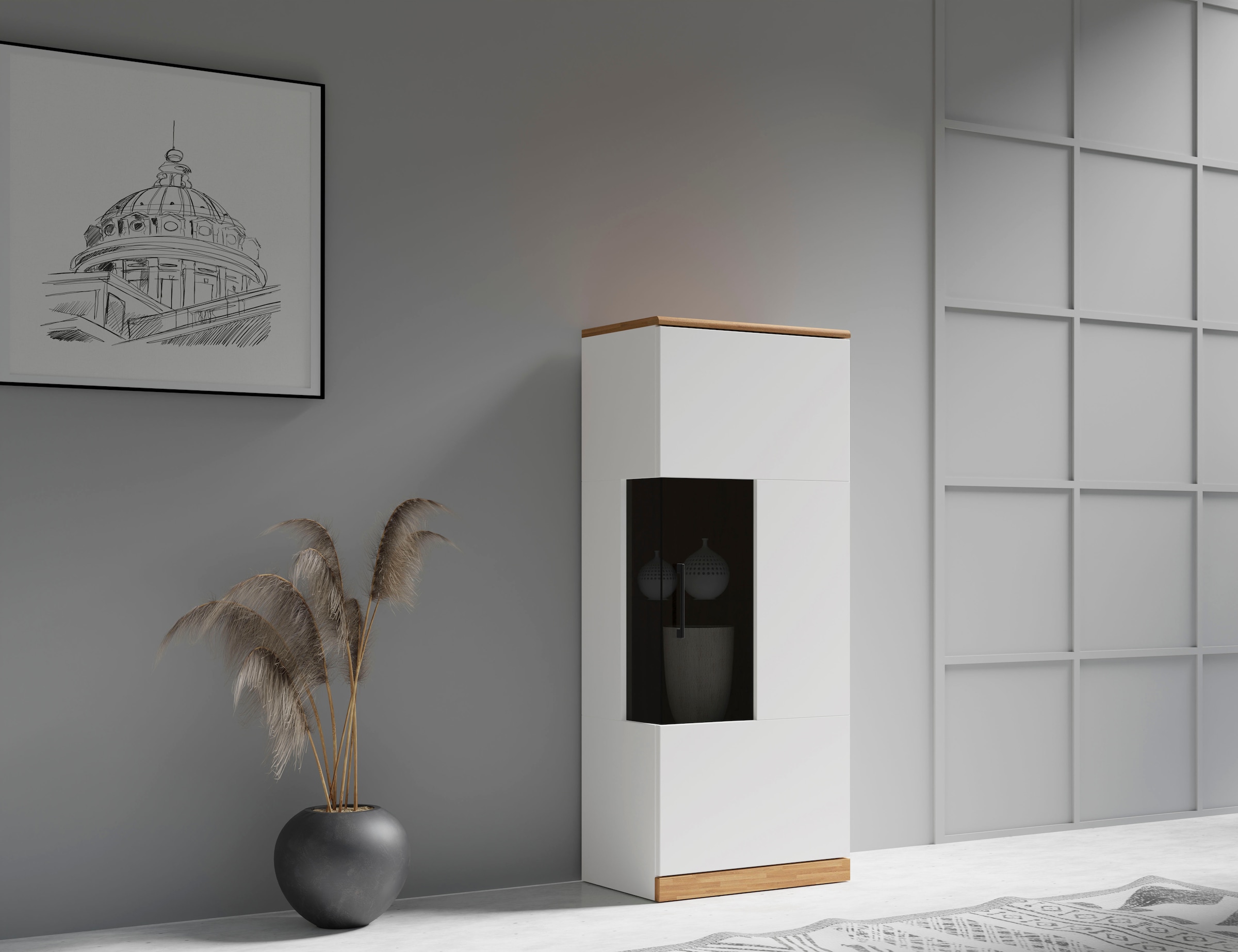 Home affaire Vitrine »Ribe,125cm hoch,4 Fächer,1Glasboden variabel einsetzbar«, Oberplatte Eiche massiv,dunkles Glas, schwarze Metall Griffe
