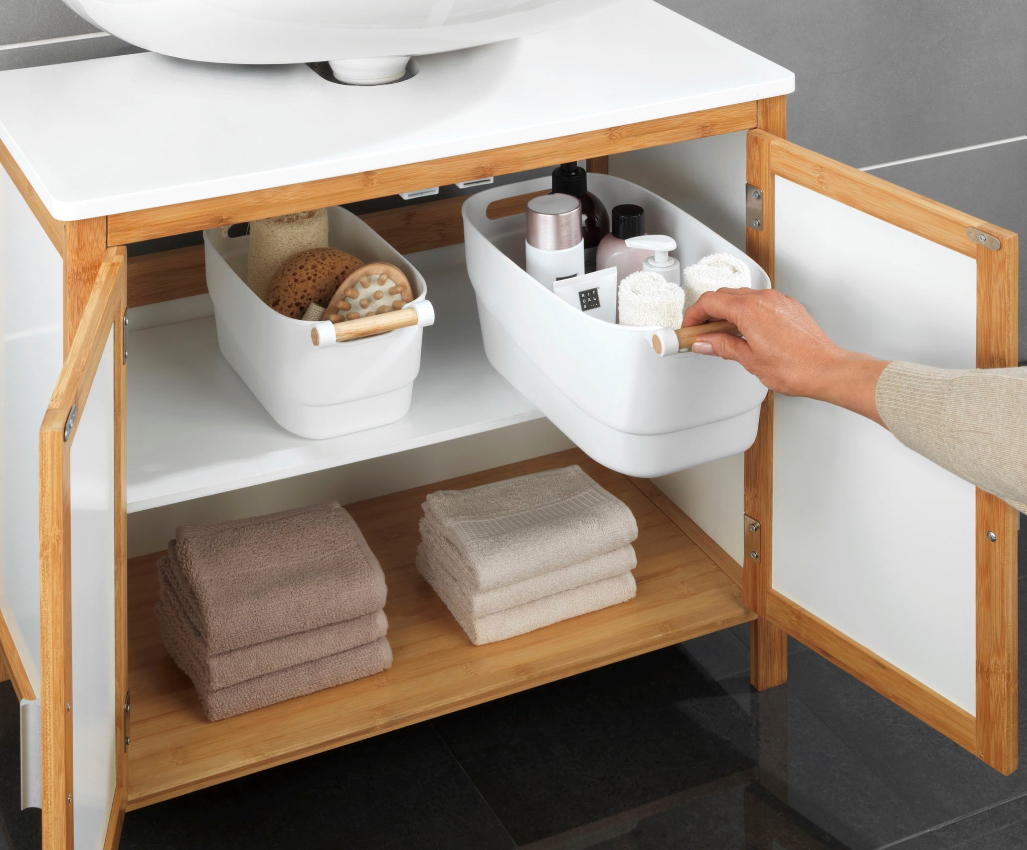 WENKO Badorganizer »S«, (Set, 2 St.), mit Holzgriff, für Kleinaufbewahrung