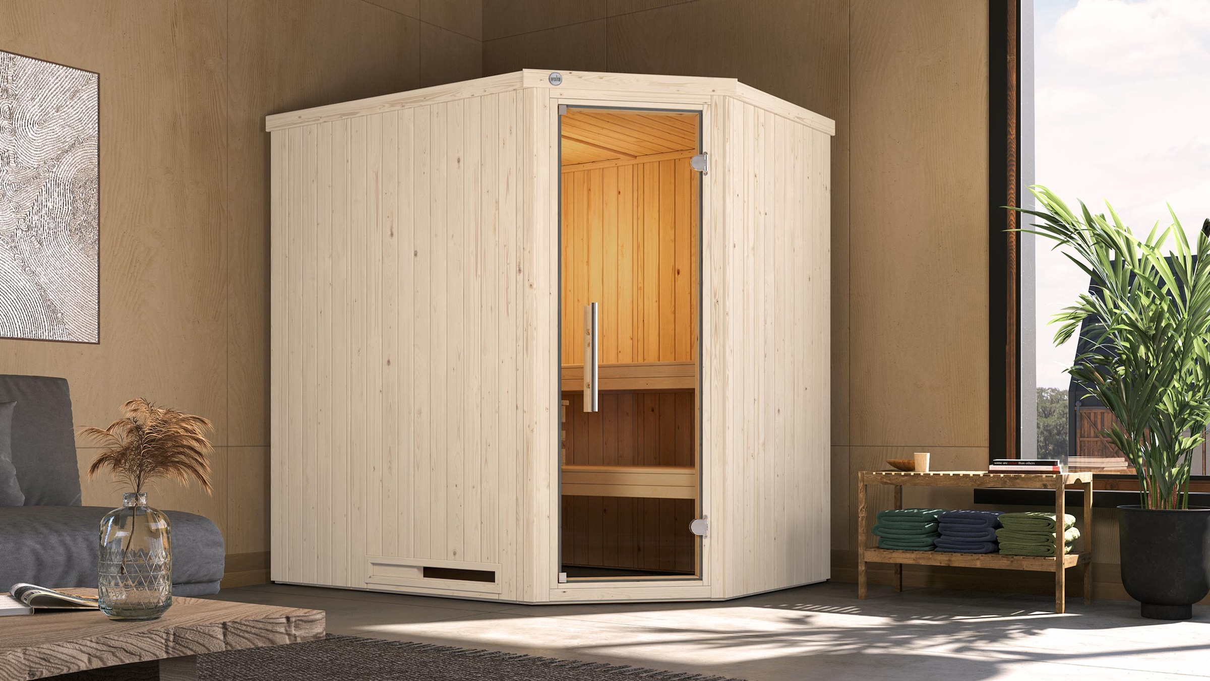 weka Sauna »Element-Ecksauna VARBERG 1« vorgefertigte Elemente, moderne Ganzglastür