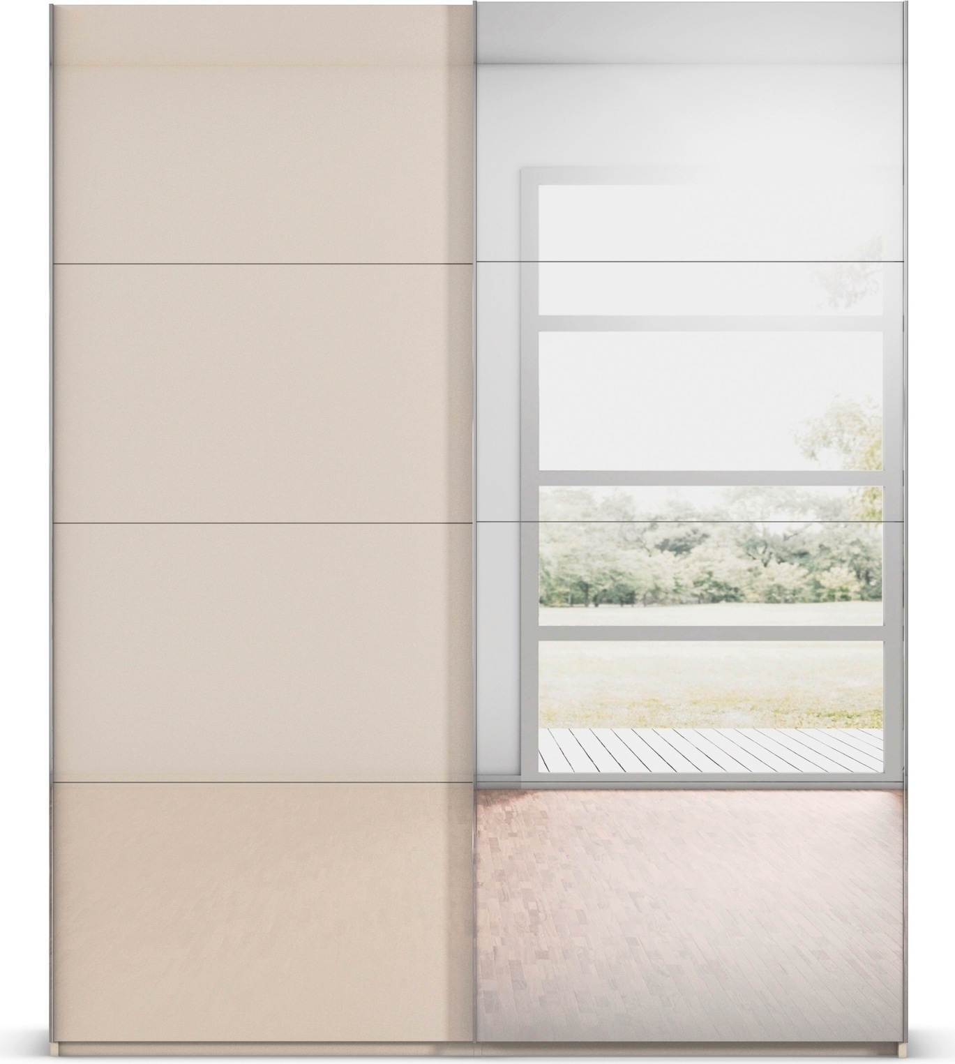 rauch Schwebetürenschrank »Kleiderschrank Schrank Garderobe Schlafzimmerschrank SCALE-FYRA« edle viergeteilte Türen Spiegel/Glas-Mix viele Farben MADE IN GERMANY