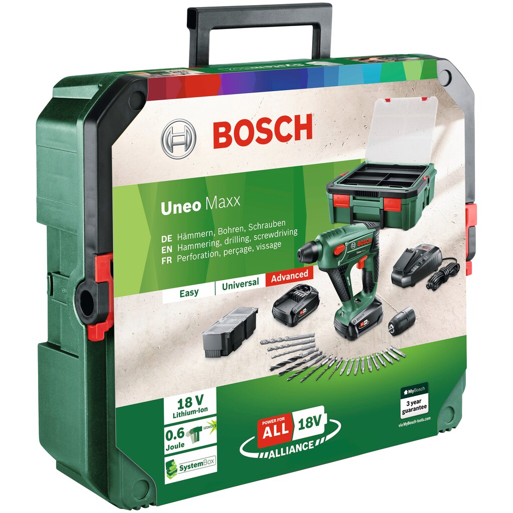 Bosch Home & Garden Akku-Bohrhammer »Uneo Maxx + SystemBox«, mit 2 Akkus und Ladegerät
