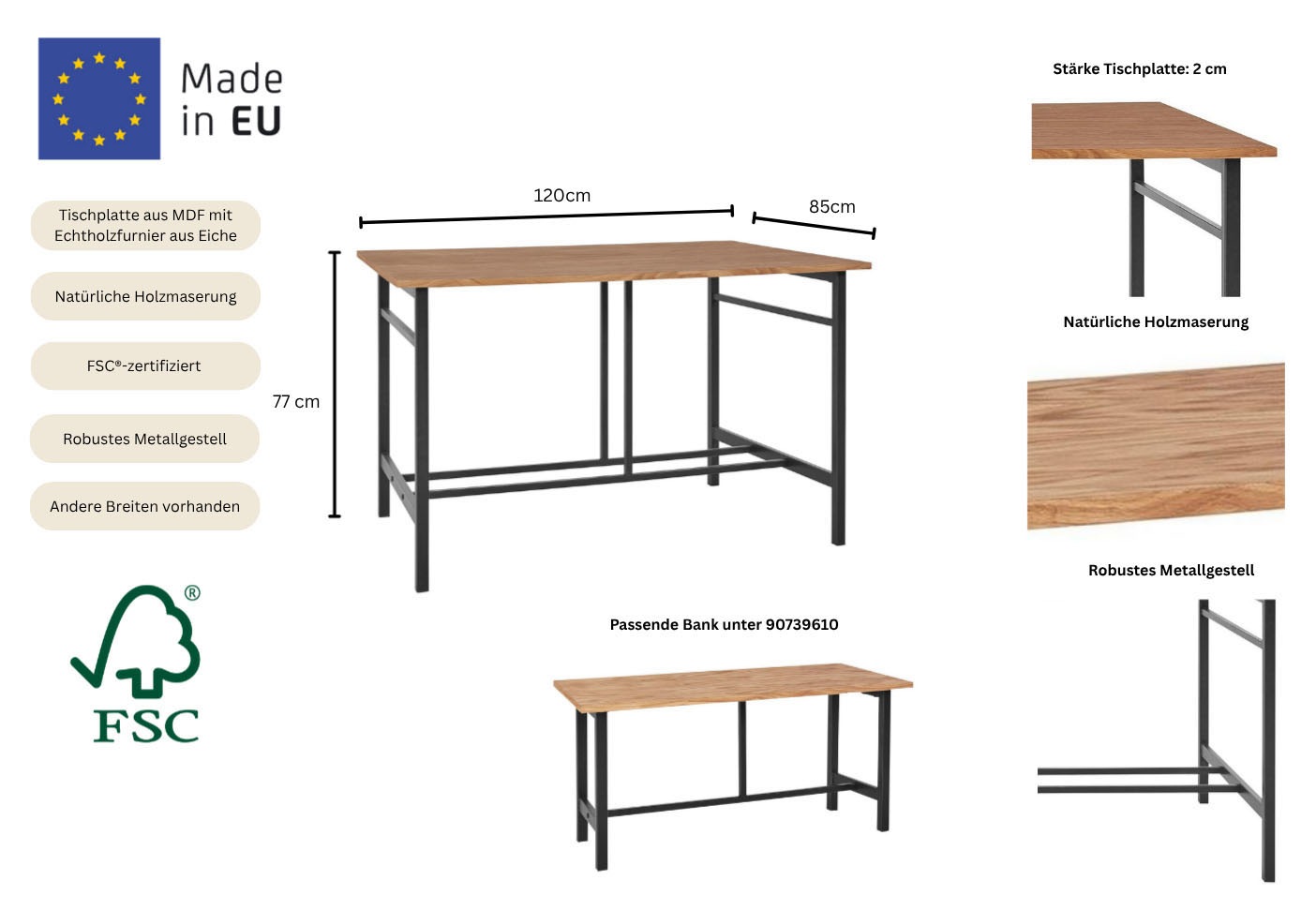 Home affaire Esstisch »Sare« mit Echtholzfurnier aus Eiche