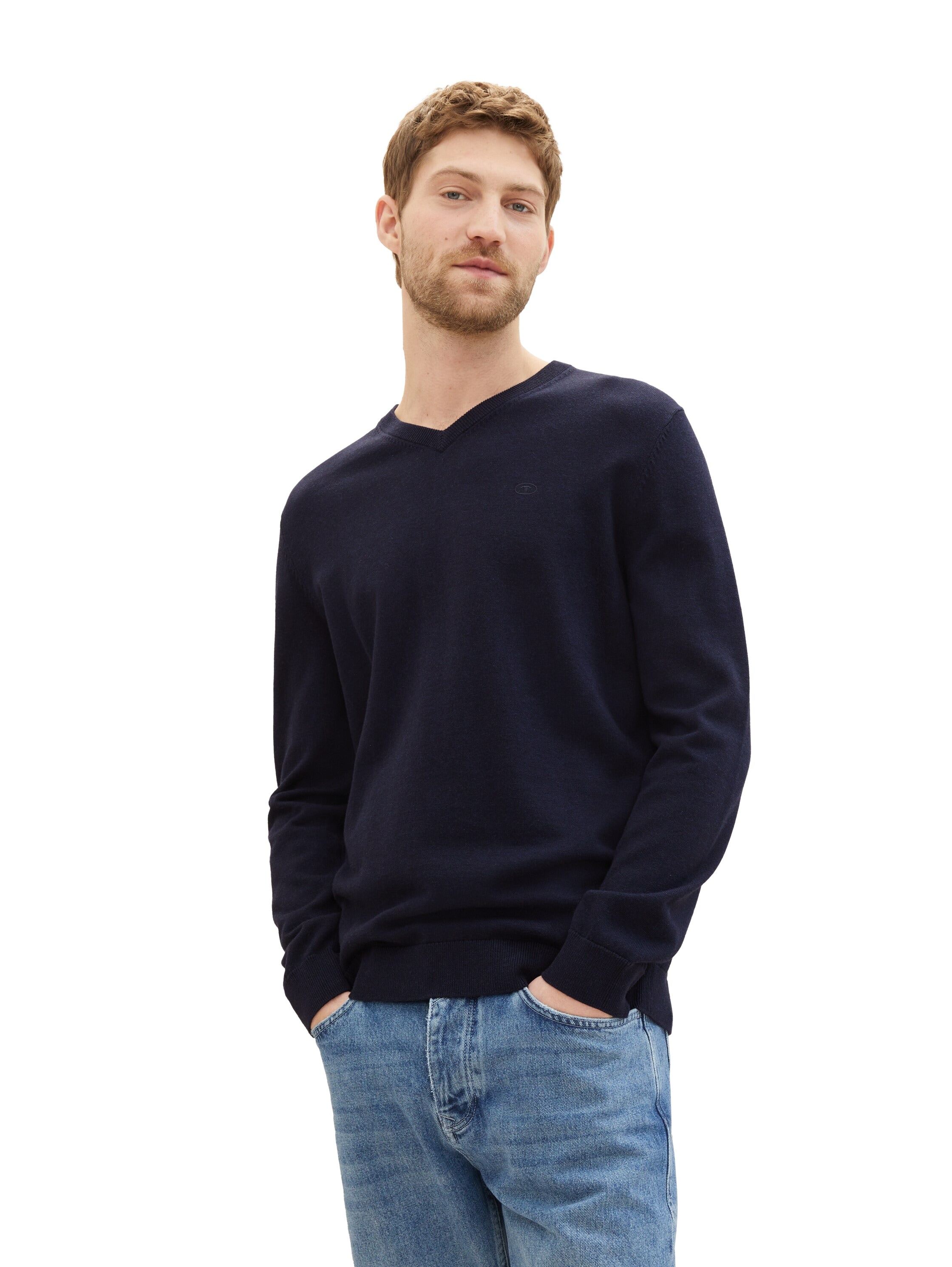 TOM TAILOR V-Ausschnitt-Pullover, mit kleiner Logo-Stickerei