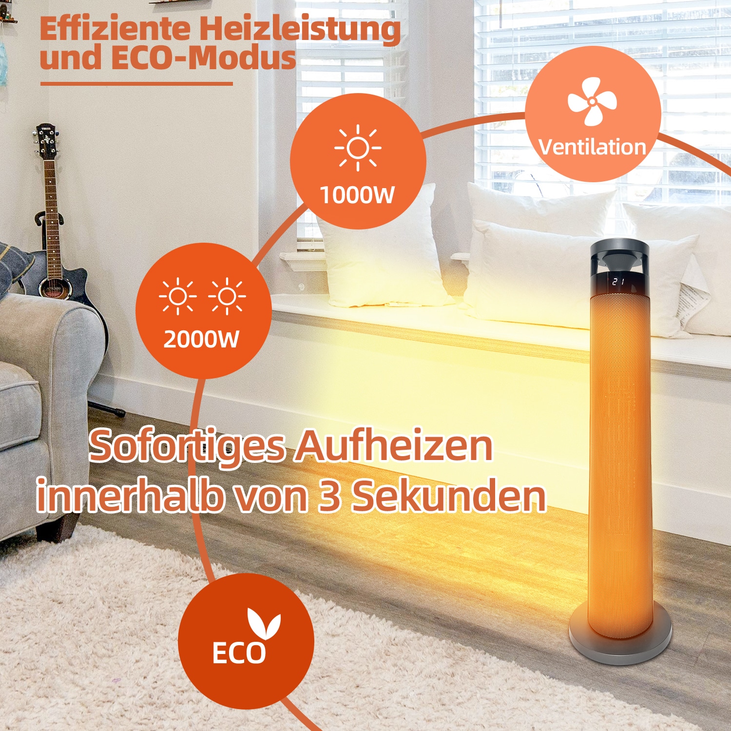 SHX Heizlüfter, 2000 W, ECO-Modus, zwei Lüftermotoren, Display, LED-Licht