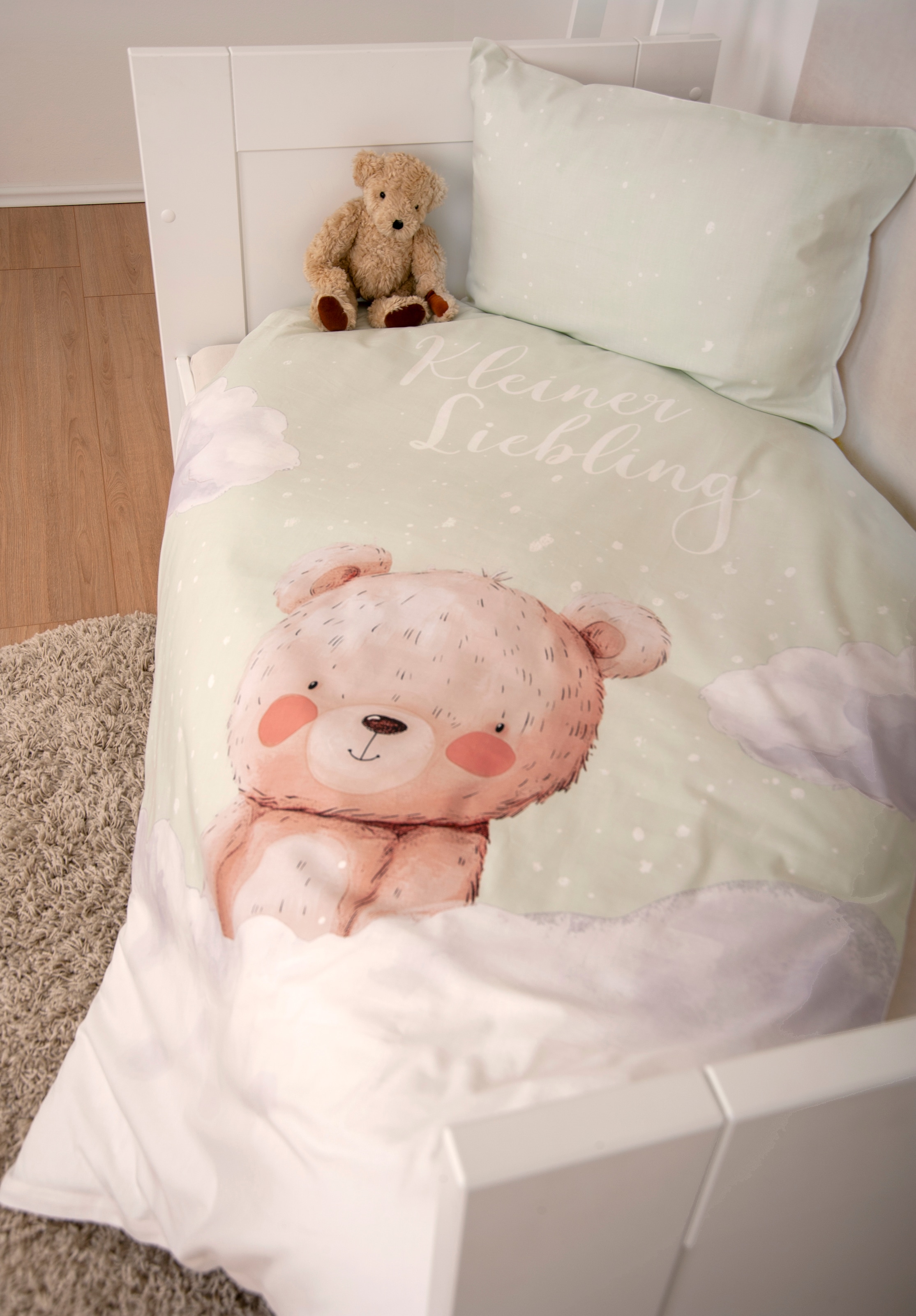 Lüttenhütt Kinderbettwäsche »Kleiner Liebling in Gr. 100x135 und 135x200 cm«, aus Baumwolle, mit niedlichem Bärenmotiv & Schriftzug, Babybettwäsche