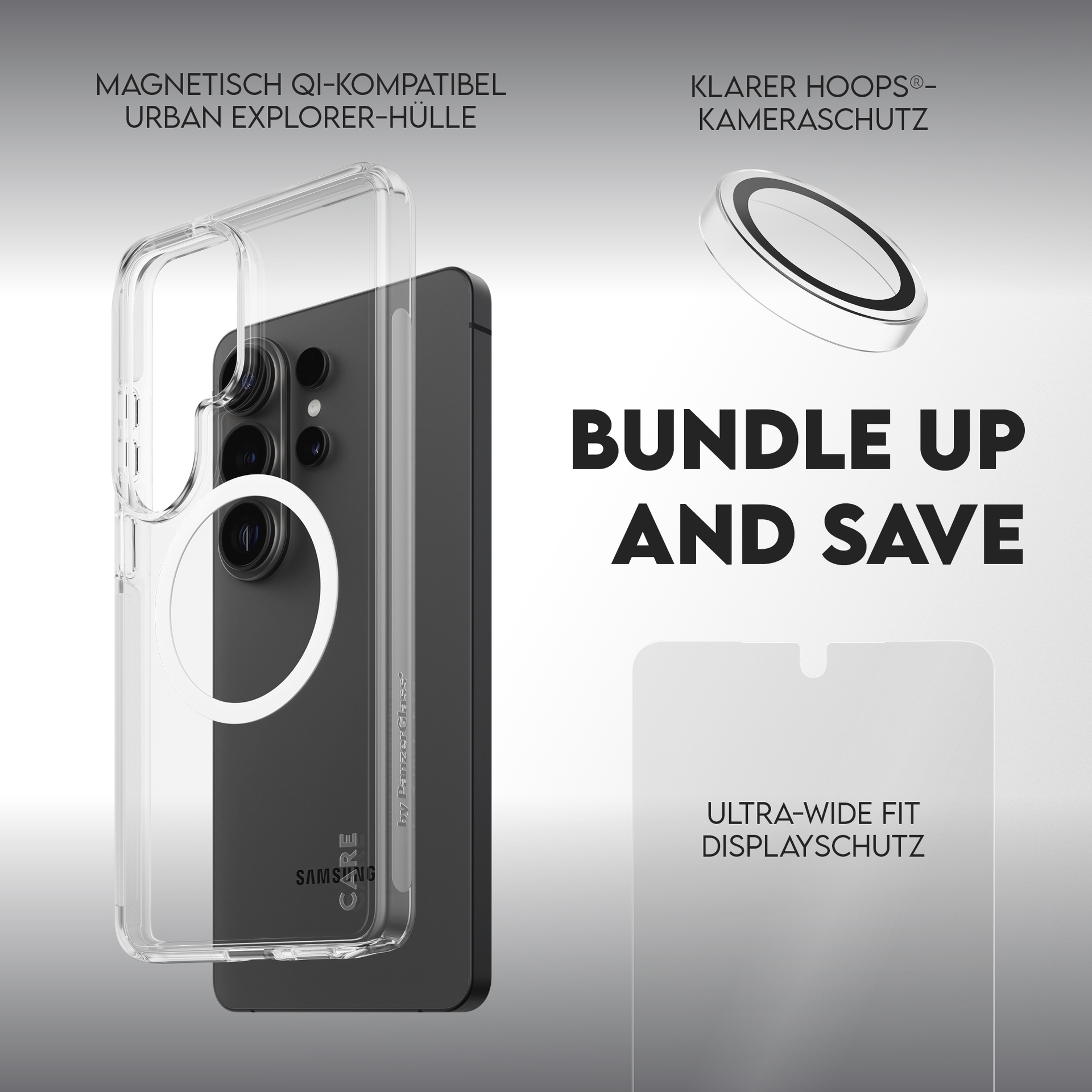CARE by PanzerGlass Displayschutzglas »3-in-1 Protection Explorer Bundle« für Samsung Galaxy S26 Ultra Displayschutzfolie, Schutzfolie, Bildschirmschutz, kratz- & stoßfest