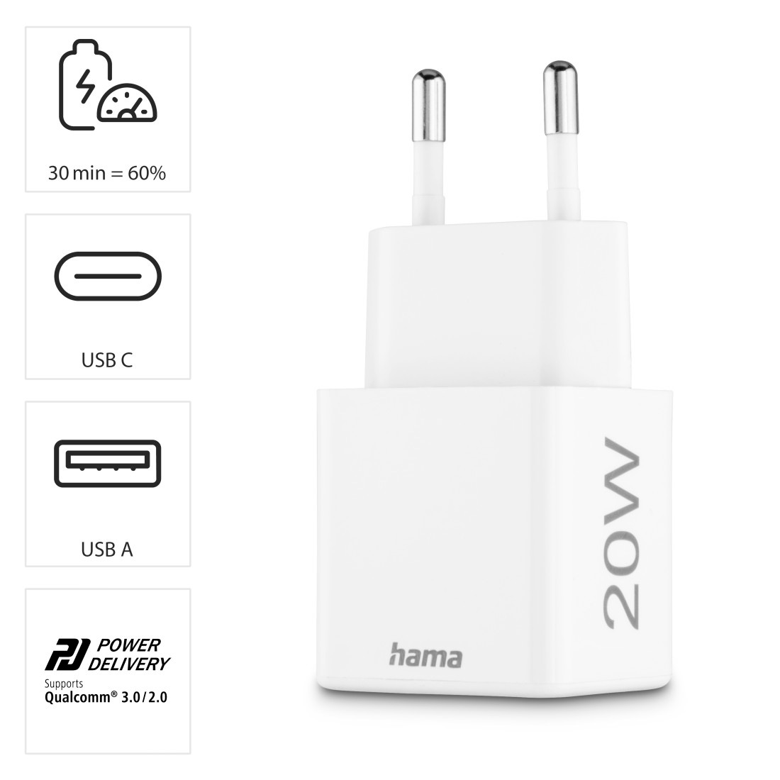 Hama Schnelllade-Gerät »USB-Ladegerät (Schnellladegerät Handy, 1x USB-C, 1x USB-A, 20 Watt)« 1 Stk. tlg.