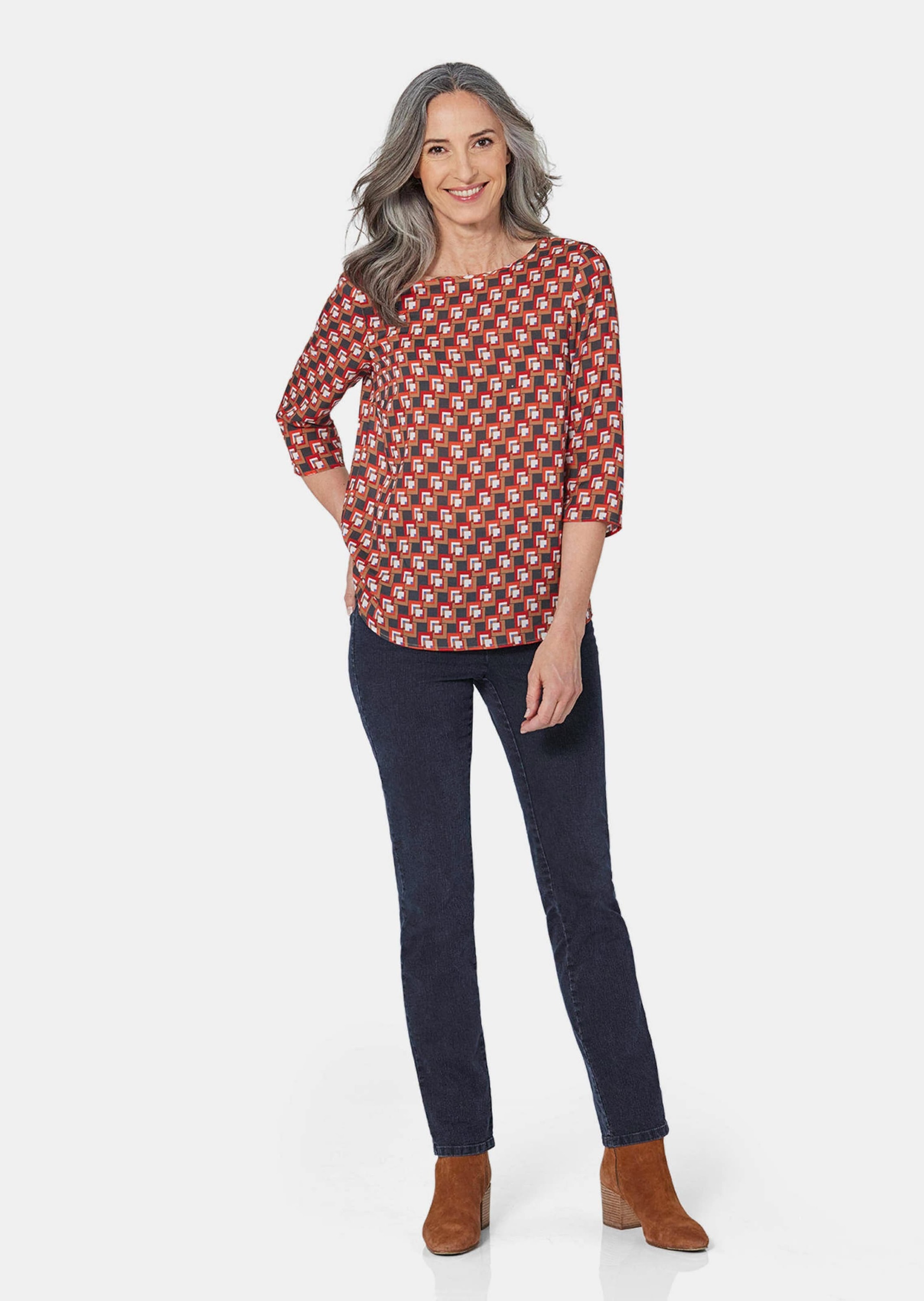 GOLDNER Schlupfbluse »Bluse 3/4-Arm mit grafischem Druck« Applikationen