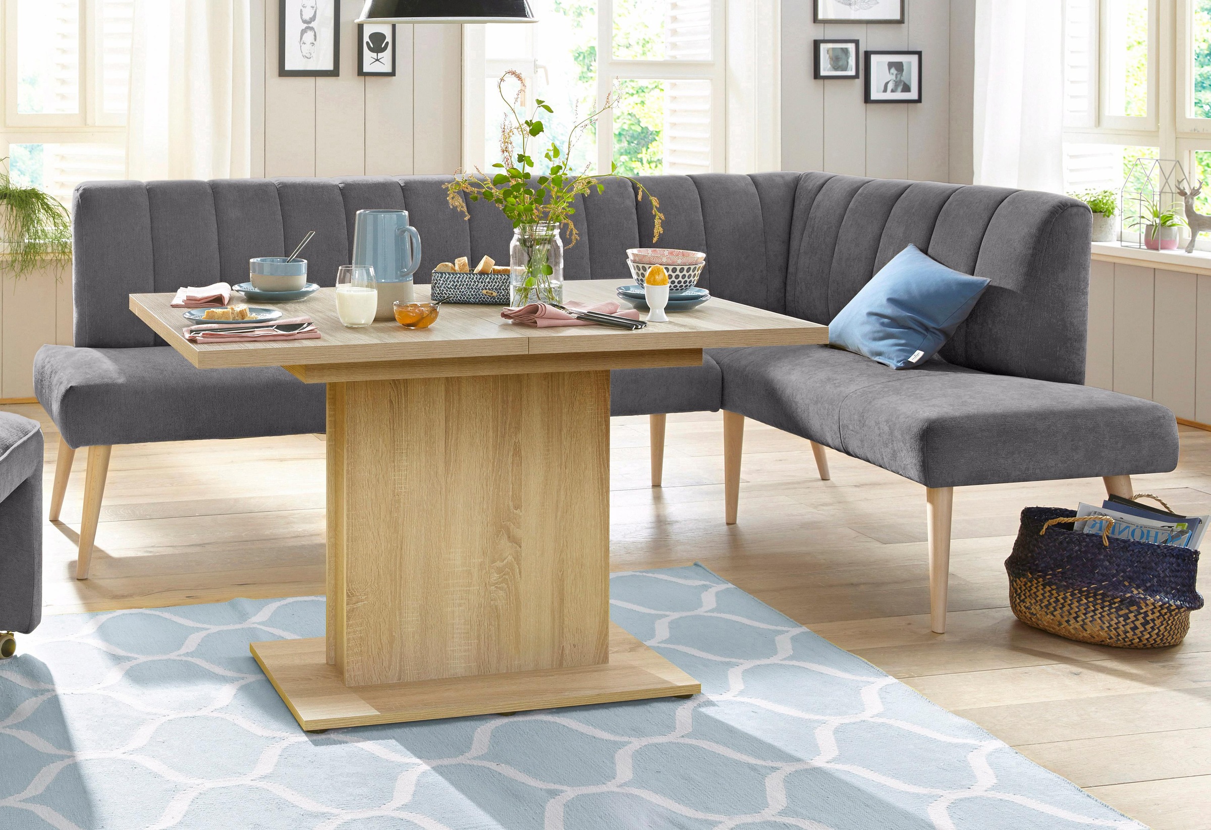 exxpo - sofa fashion Eckbank »Costa, moderne Rückensteppung, bequem und elegant, hoher Holzfuß«, hochwertig verarbeitet, Frei im Raum stellbar