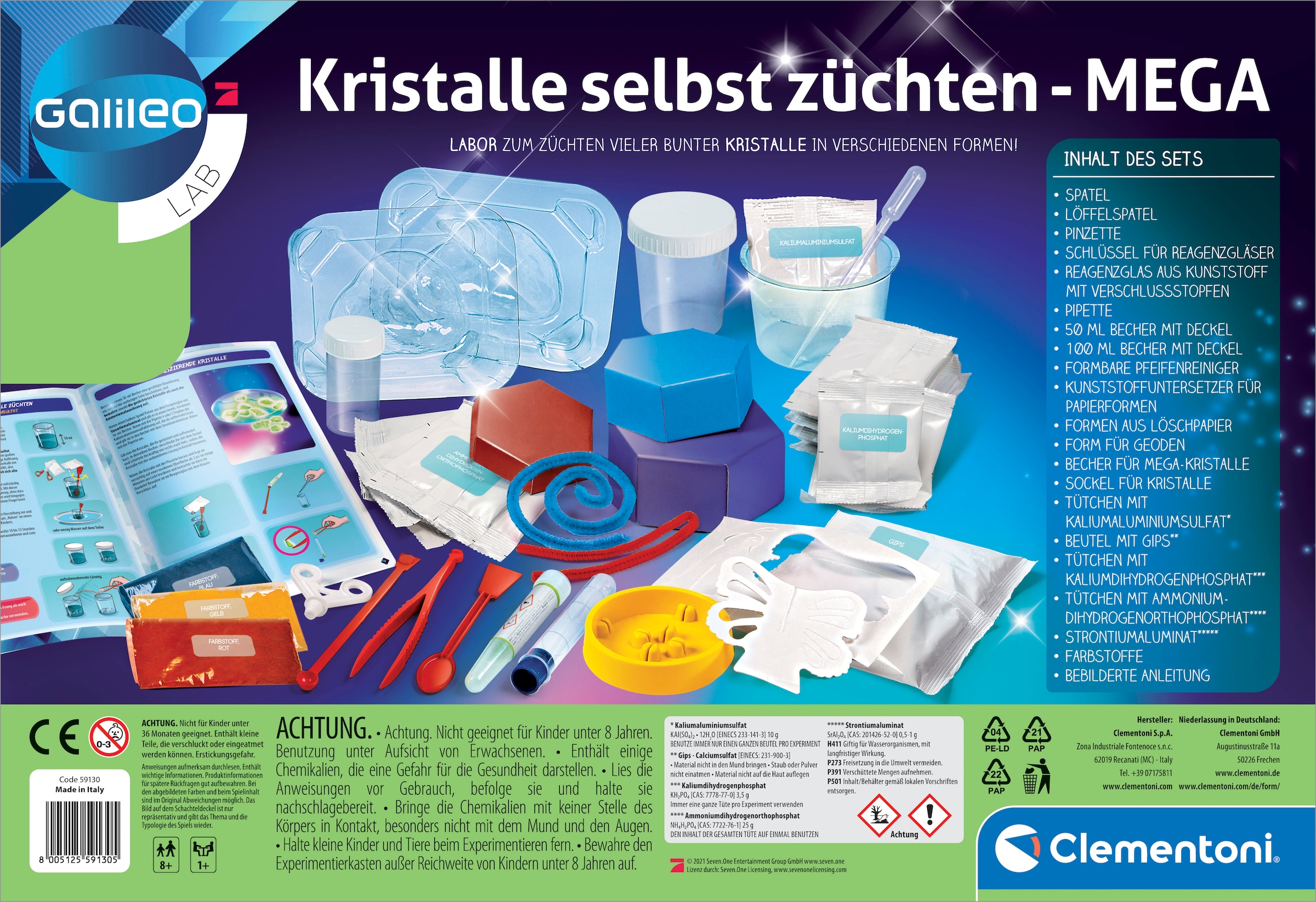 Clementoni® Experimentierkasten »Galileo, Kristalle selbst züchten Mega«, Made in Europe