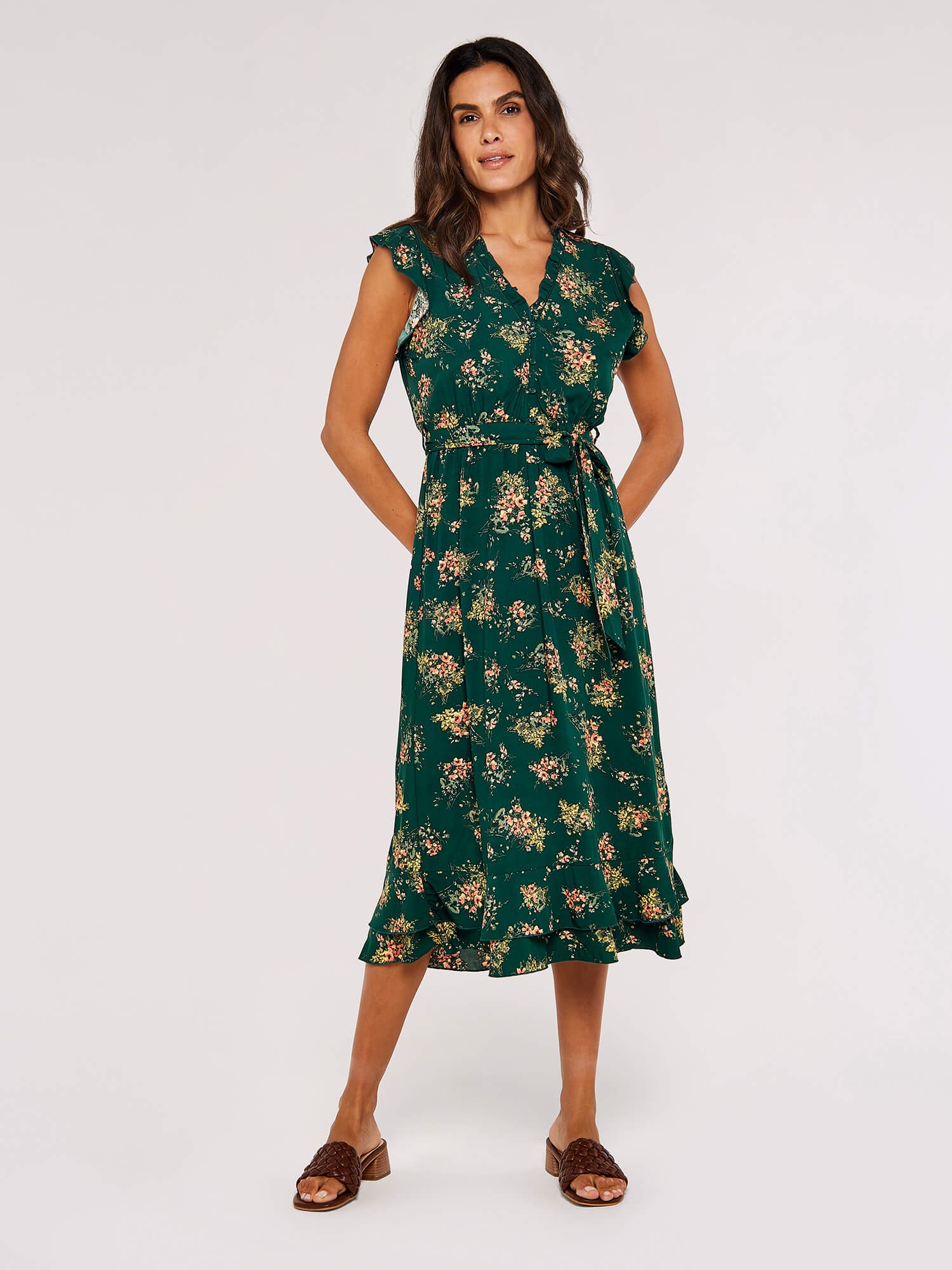 Apricot Druckkleid »Geblümtes Midikleid« mit Bindeband, 2 tlg. mit Rüschen und Bindegürtel