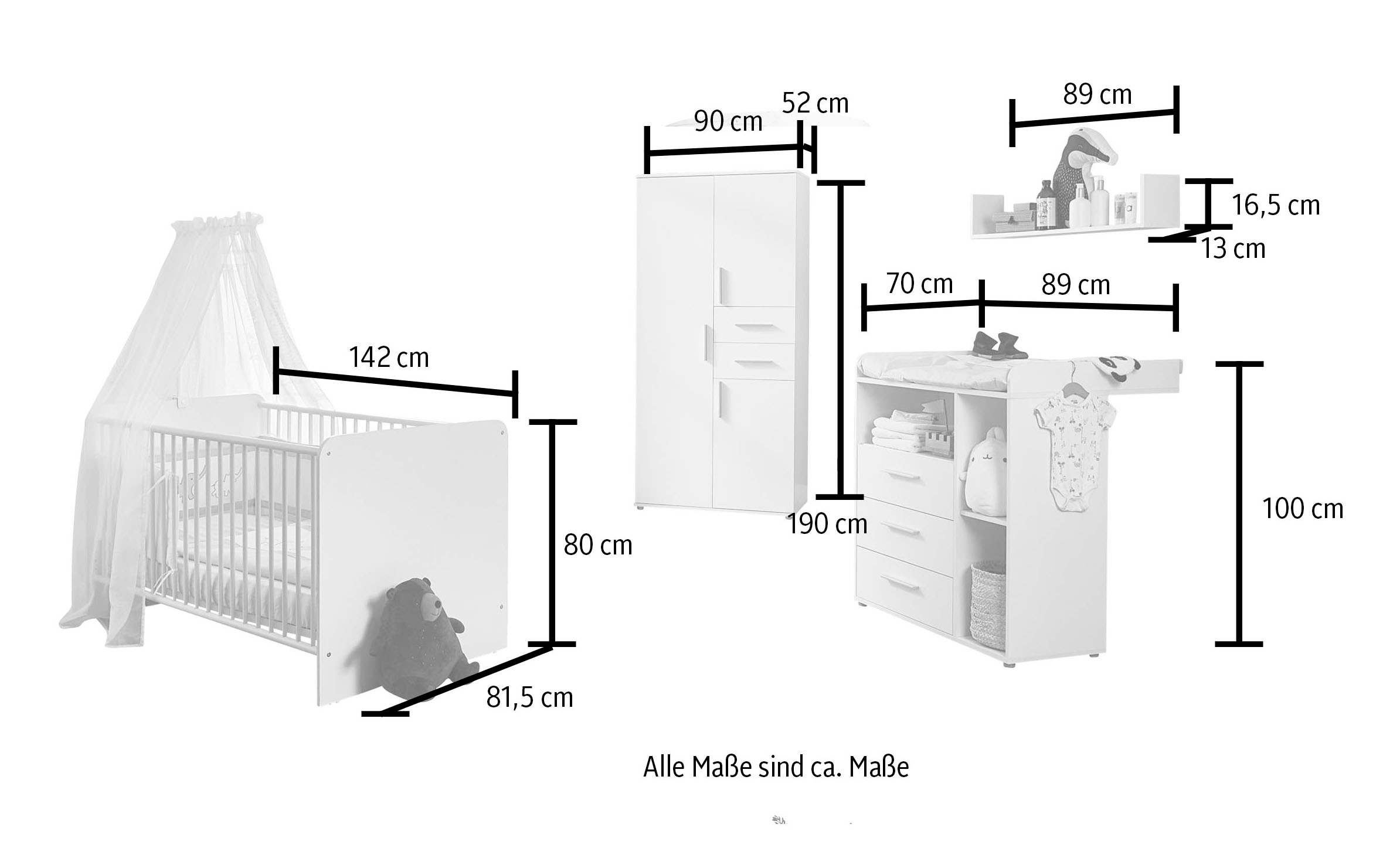 BMG Möbel Babyzimmer-Komplettset »Lea«, (Set, 4 St., Bett, Wickelkommode,  Schrank, Wandboard), Bett + Wickelkommode + 3-trg. Schrank + Wandboard bei  ♕