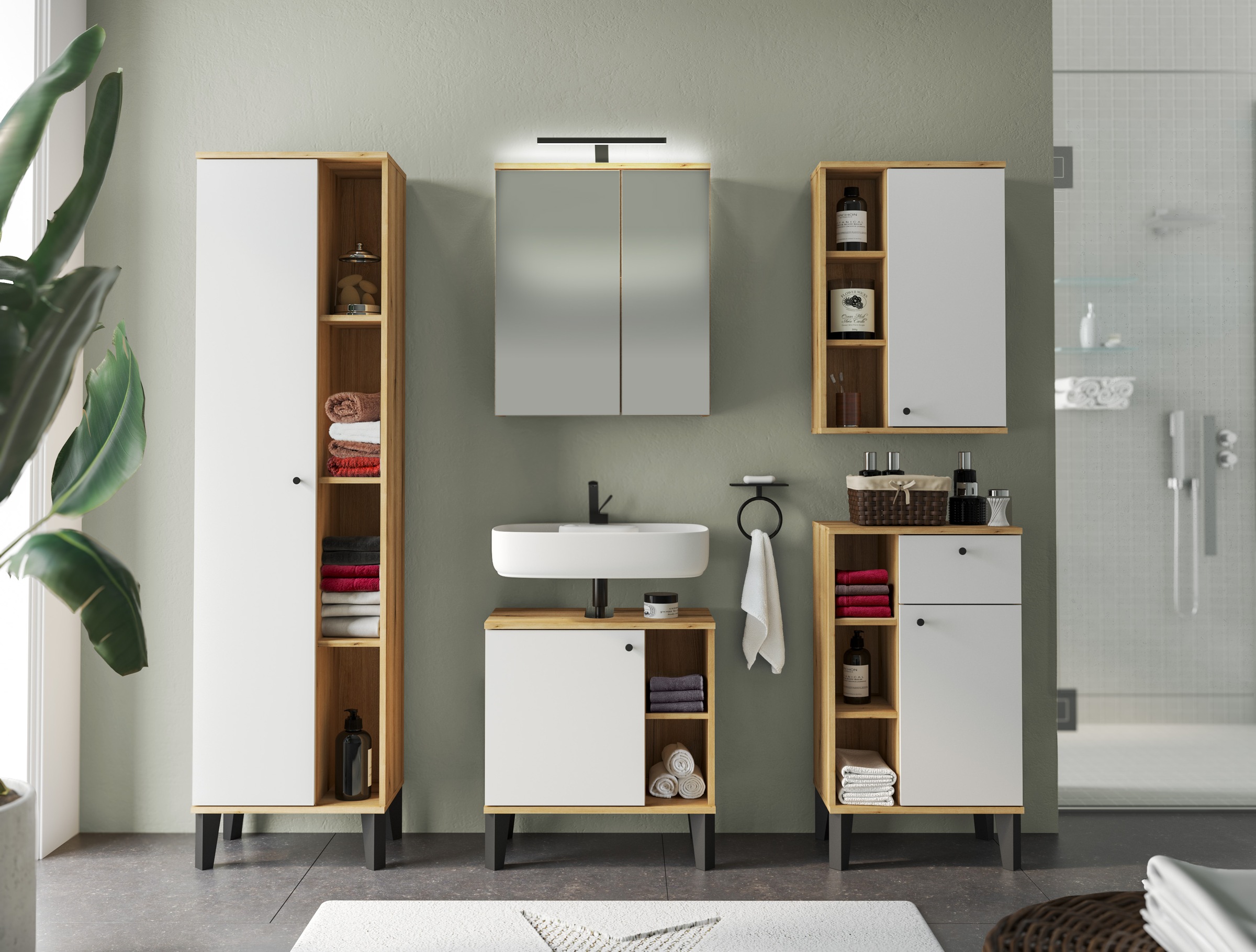 INOSIGN Badmöbel-Set »OSLO, Bad im skandinavischen Design, 5-teiliges Badezimmer«, (Set, 5 St.), Badschränke und Spiegel, in zwei Farben verfügbar, viel Stauraum
