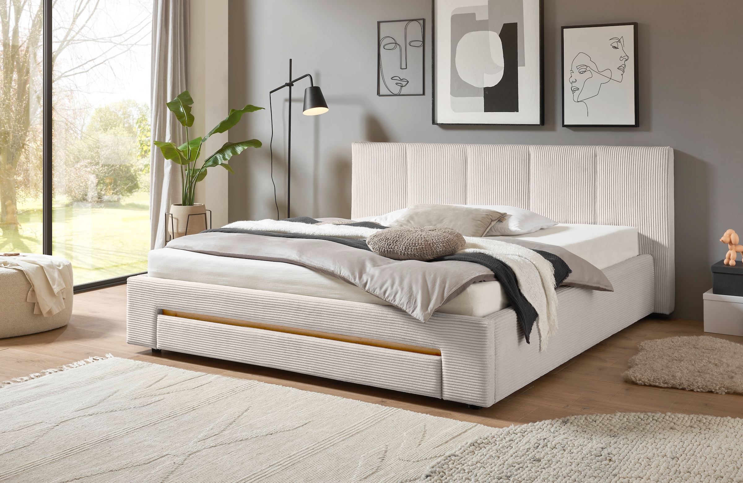 Home affaire Polsterbett »CiTY/GiRON, Bettgestell mit Bettkasten, gepolstertes Stauraumbett« mit Hundebett oder Stauraumschublade, Bezug Cord-oder Leinenoptik