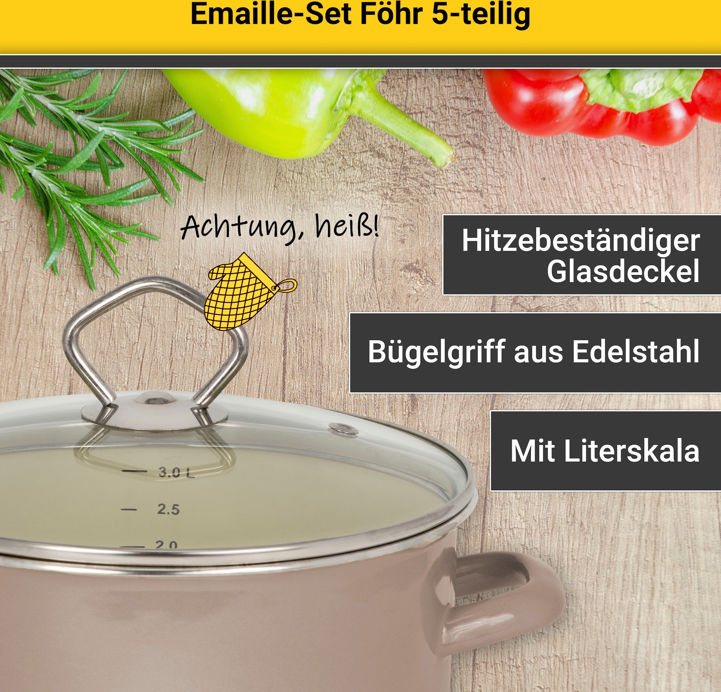 Krüger Topf-Set »Föhr«, Emaille, (Set, 8 tlg., Fleischtopf 16/20/24 cm, Stieltopf 16 cm, Milchtopf 12 cm), Induktion