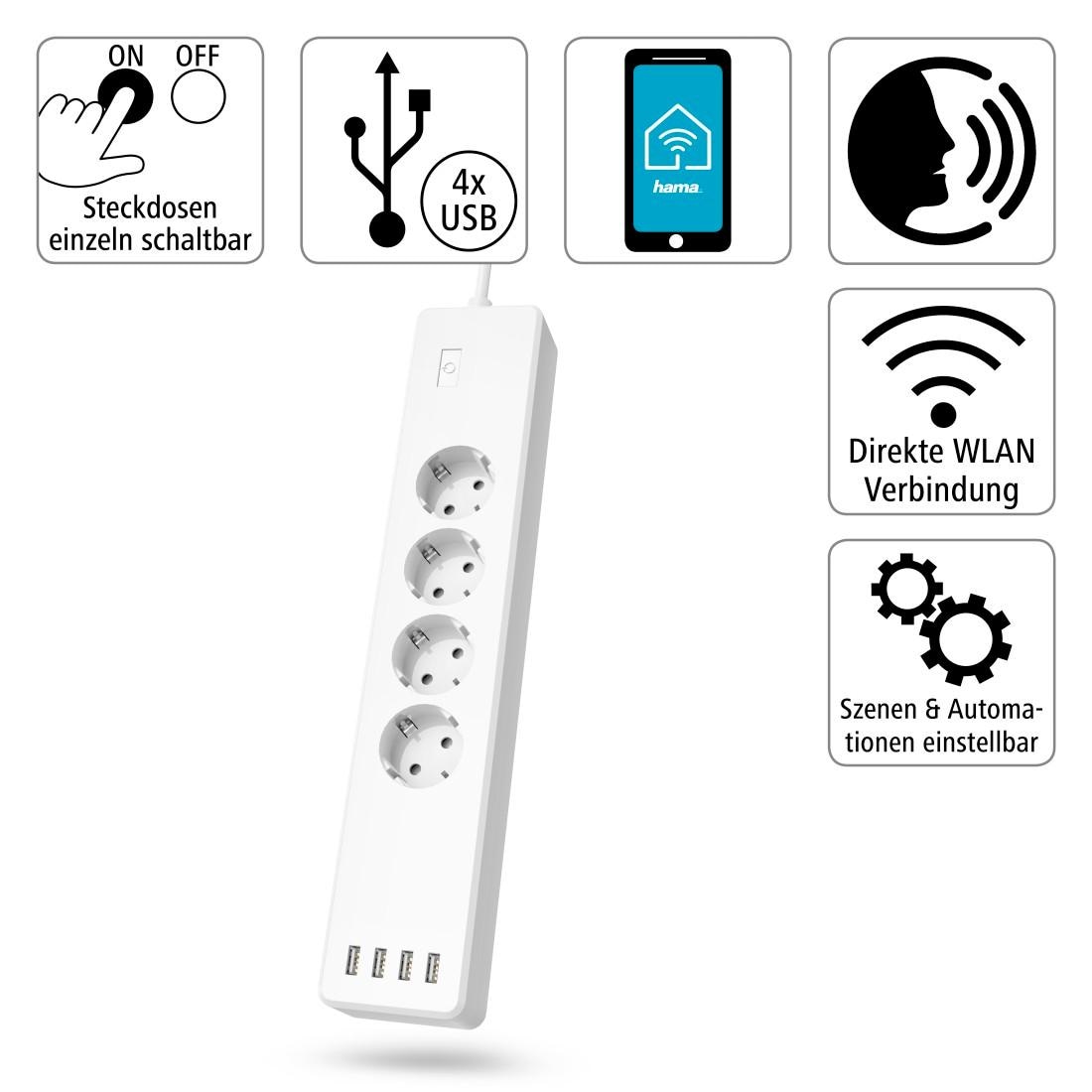 Hama Smarte Vierfach-Steckdosenleiste »WLAN Steckdosenleiste 4-fach schaltbar USB 4-fach 10A Überlastschutz«