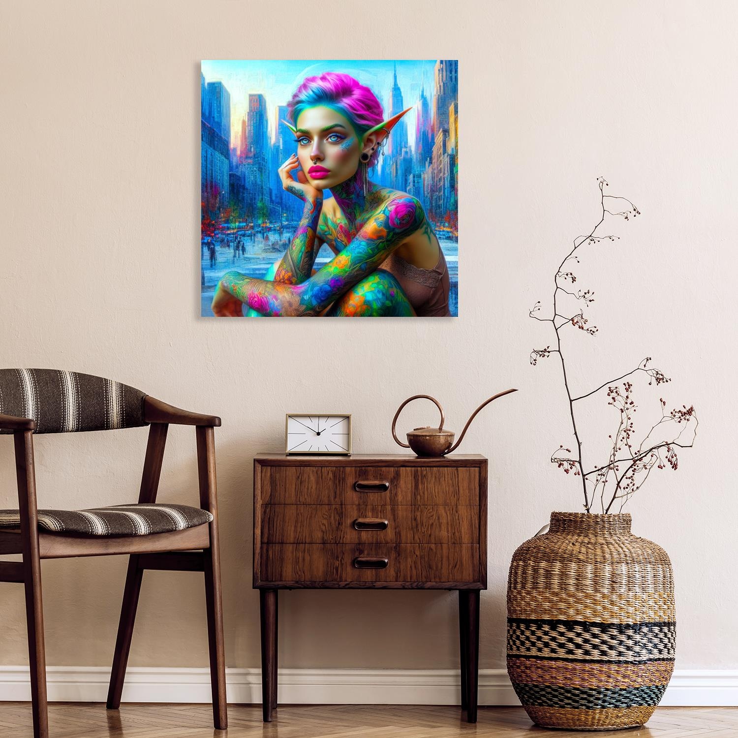 queence Acrylglasbild »Stadtelfen«, Frau-Fantasy-Amerika-Bilder von Amerika-Stadt-Städte, (1 St.), Kunst, knallige Farben, bunt
