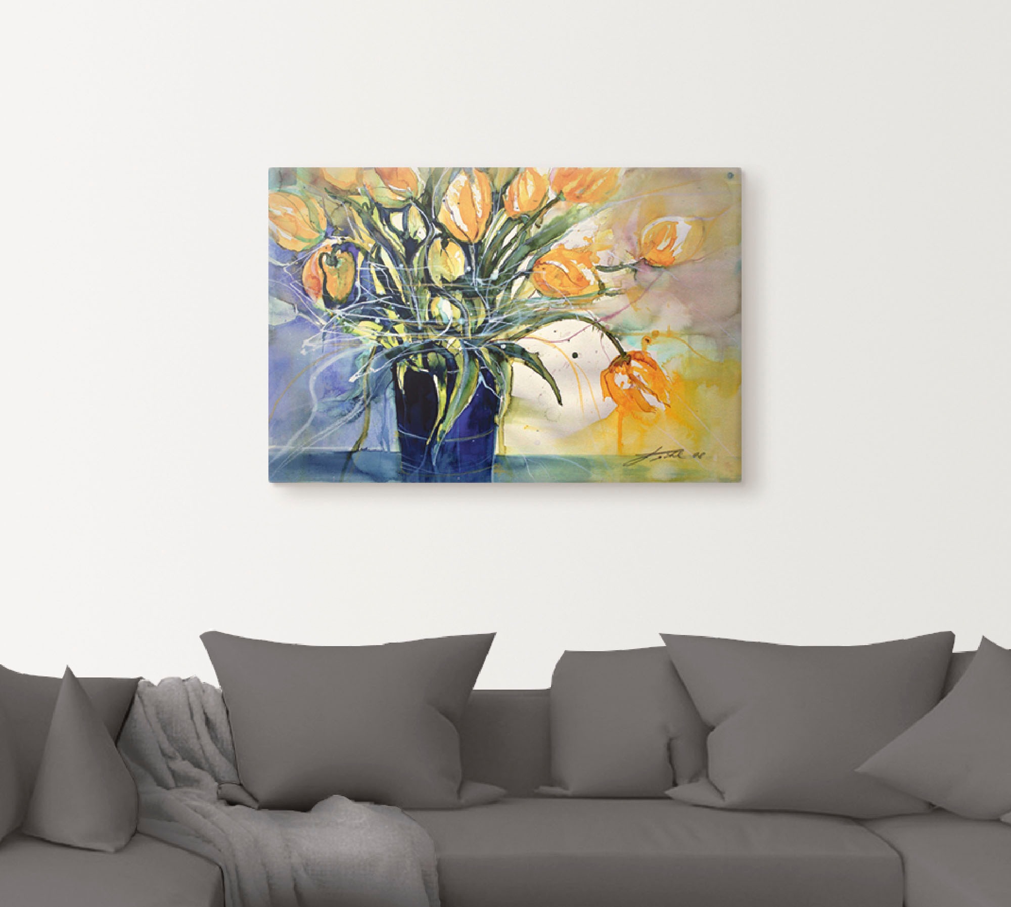 Artland Leinwandbild »Gelbe Tulpen in schwarzer Vase«, Arrangements, (1 St.), auf Keilrahmen gespannt