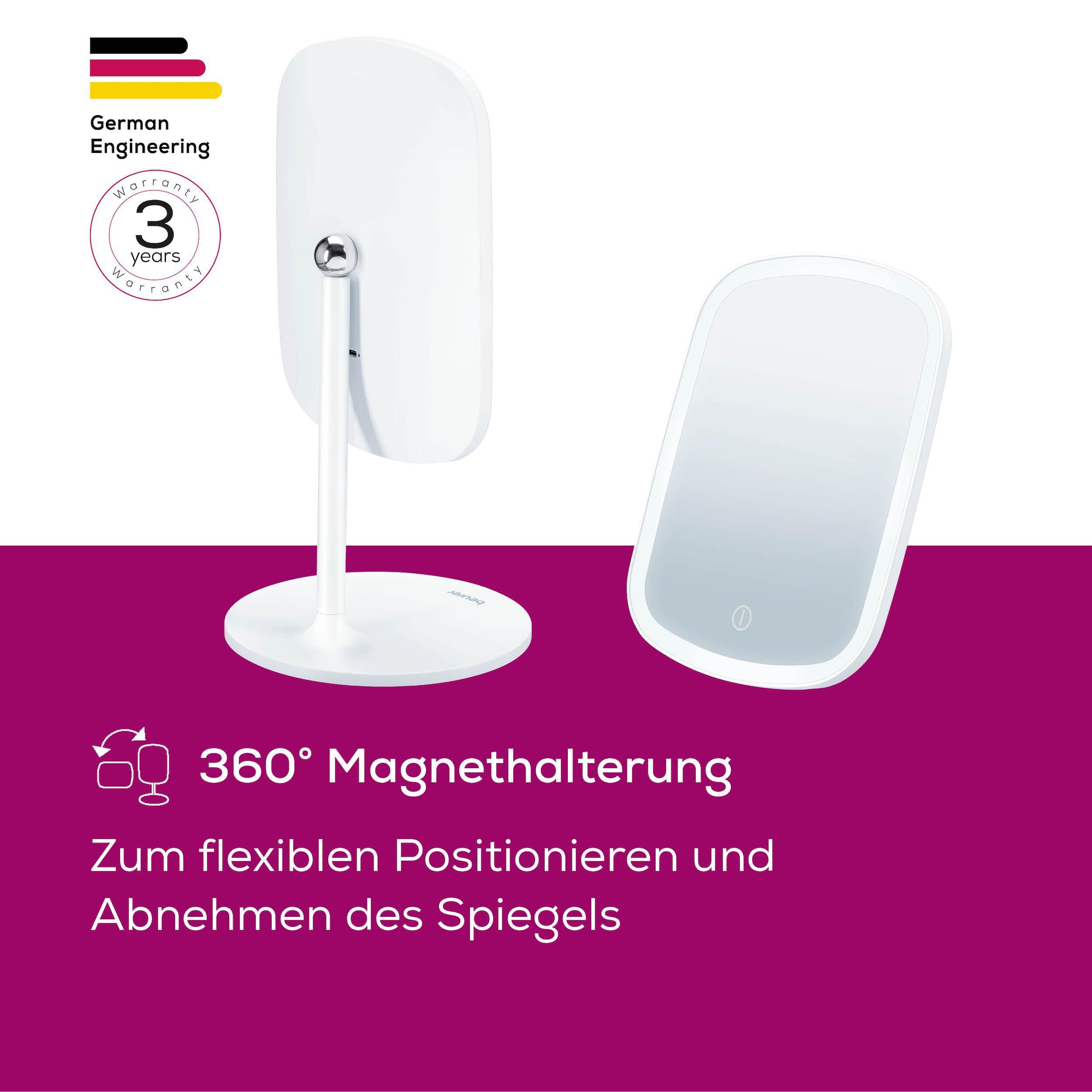 BEURER Kosmetikspiegel »BS 47, beleuchtet, mit Magnethalterung« Drei verschiedene Lichtoptionen, Touch-Sensor auf der Spiegelfläche