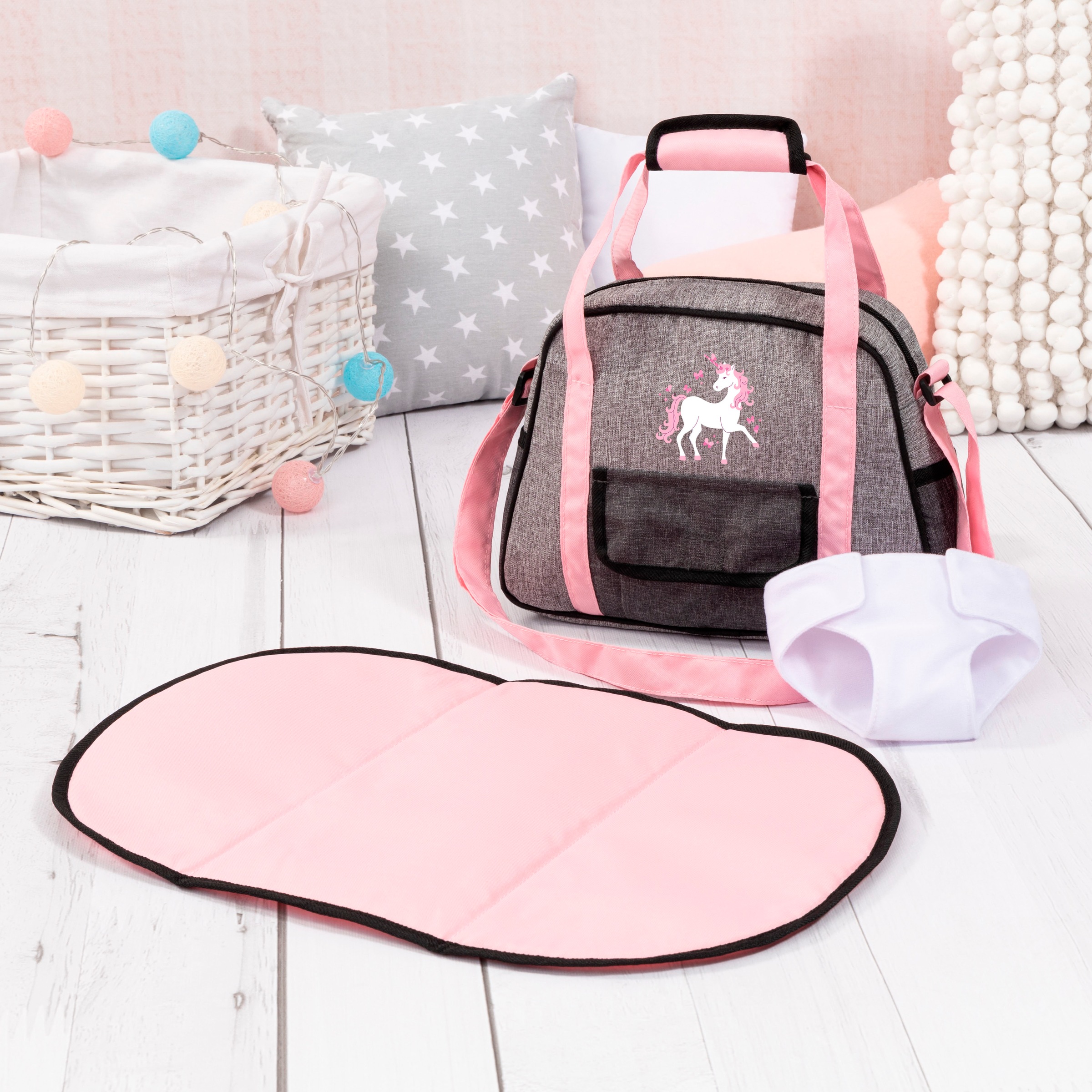 Bayer Puppen Wickeltasche »grau/rosa Einhorn«