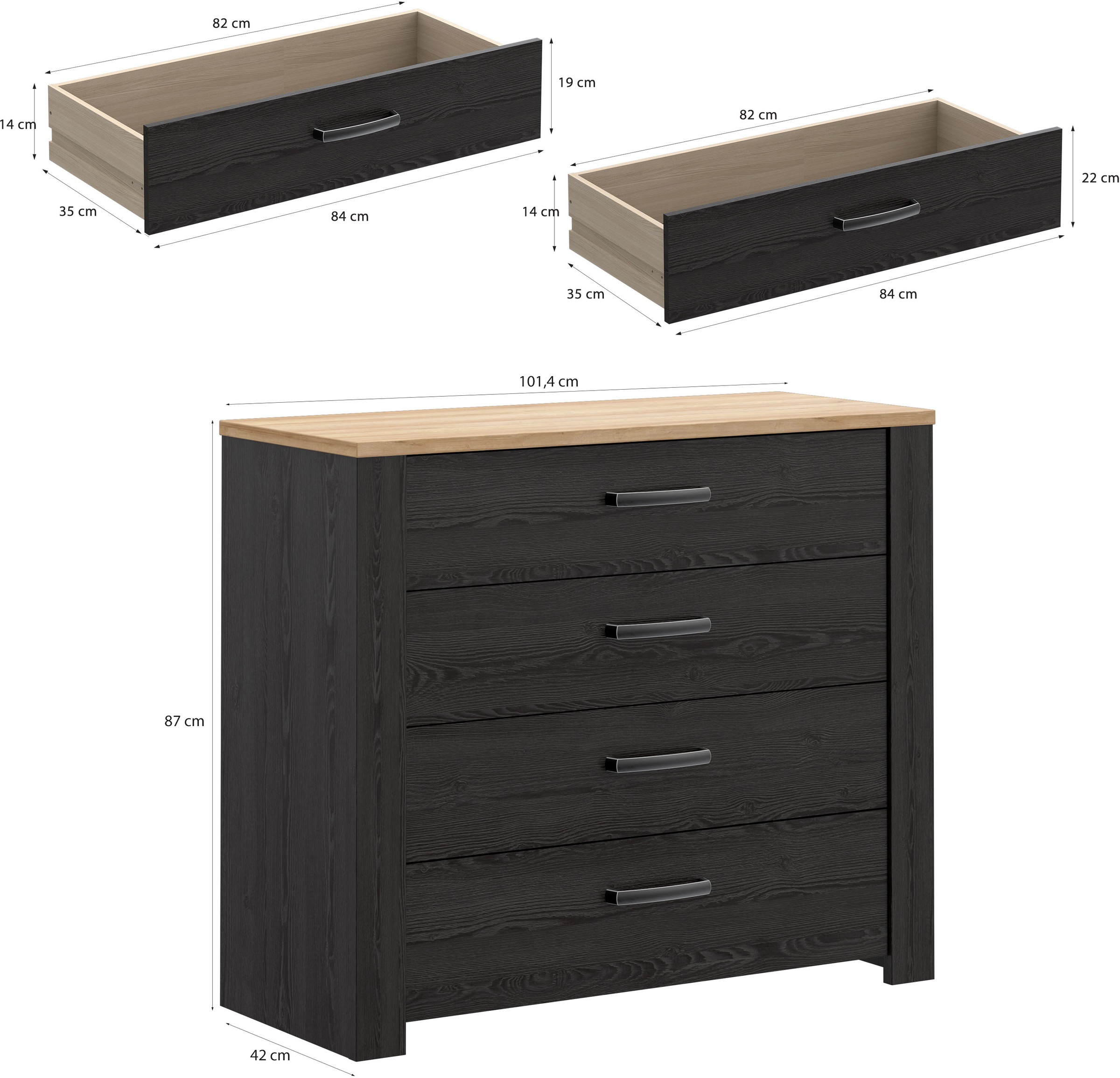 FORTE Kommode »Bohol« B/H/T 101,4/87/42 cm, 4 Schubkästen