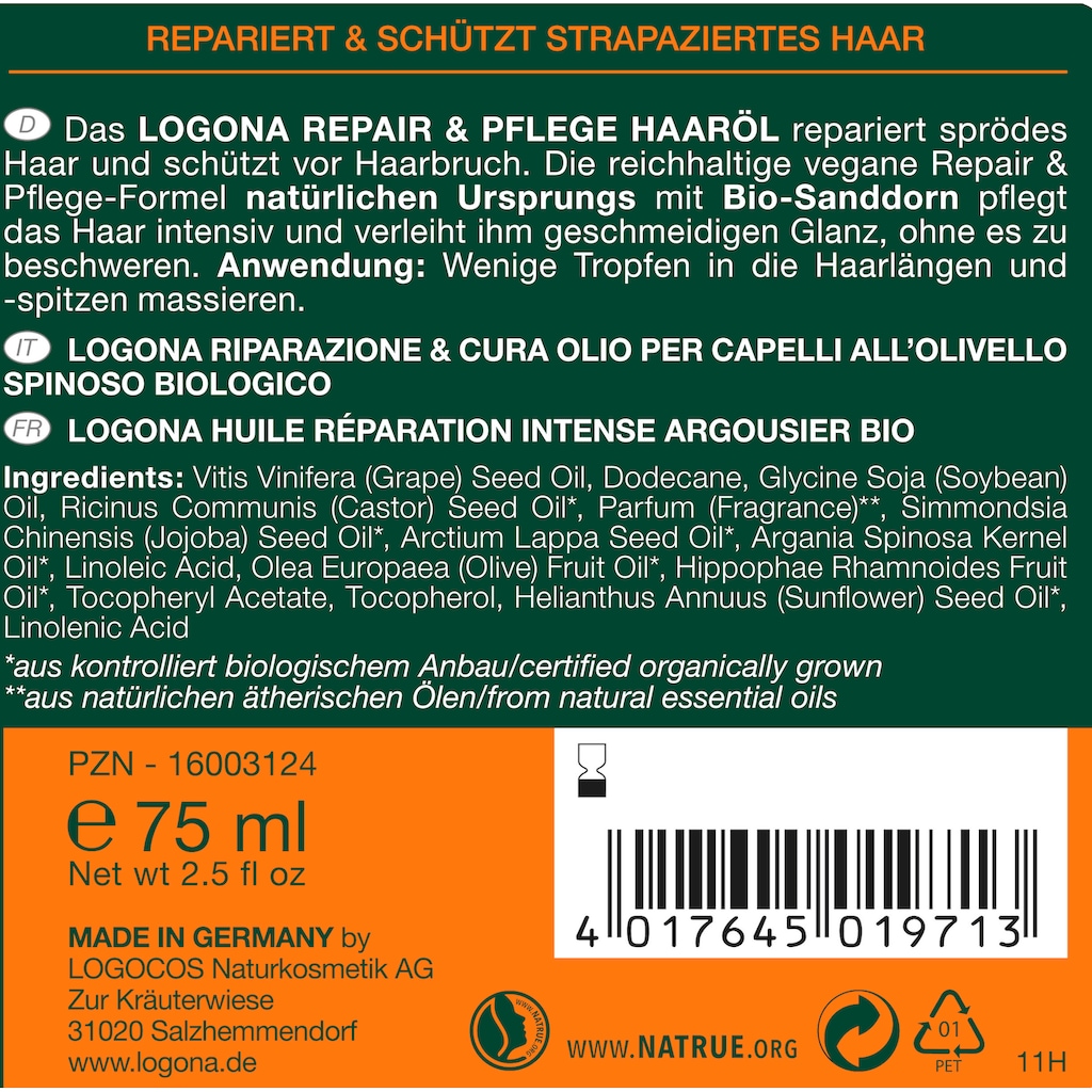 LOGONA Haaröl »Logona Repair&Pflege Haaröl Bio-Sanddorn«