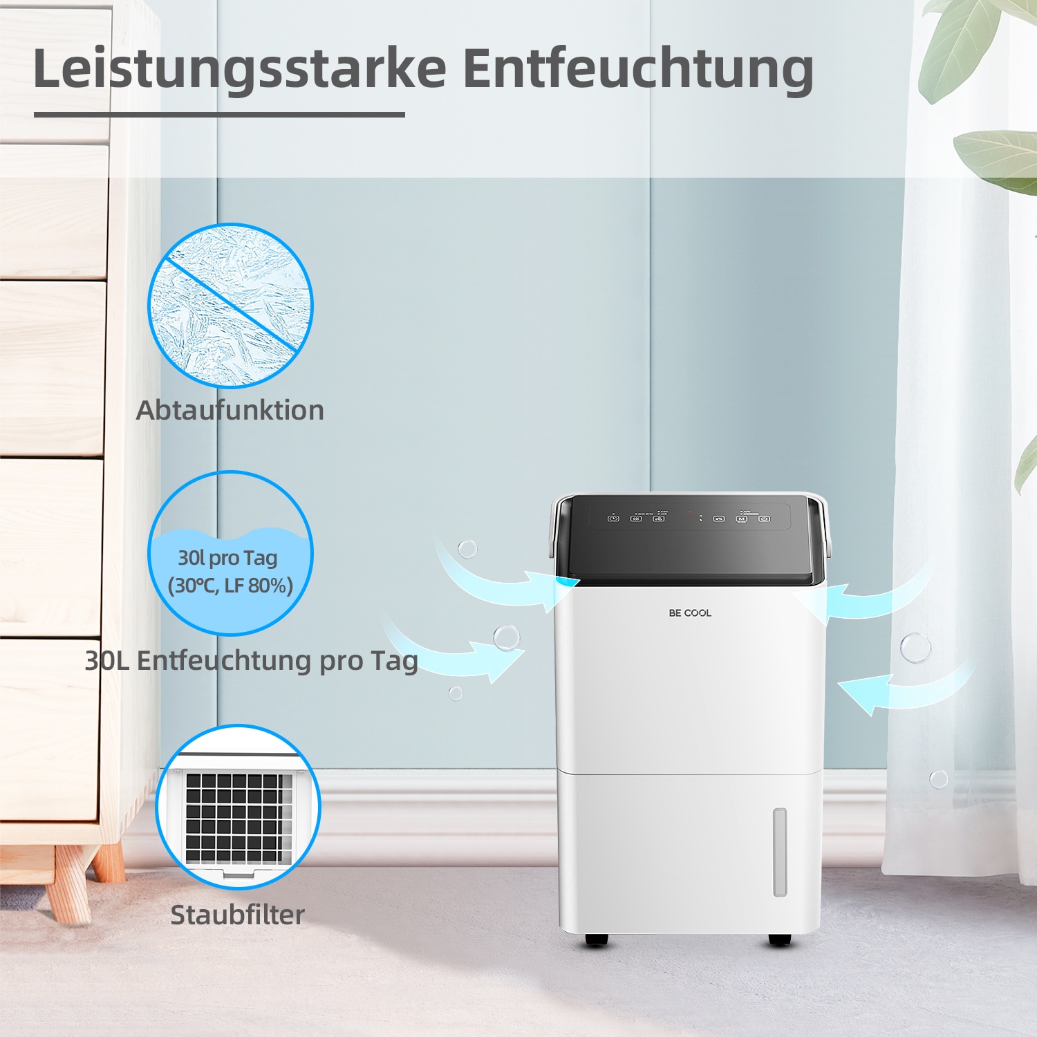 be cool Luftentfeuchter »BC30LEF2301«, für 62 m³ Räume, Entfeuchtung 30 l/Tag, Tank 4 l