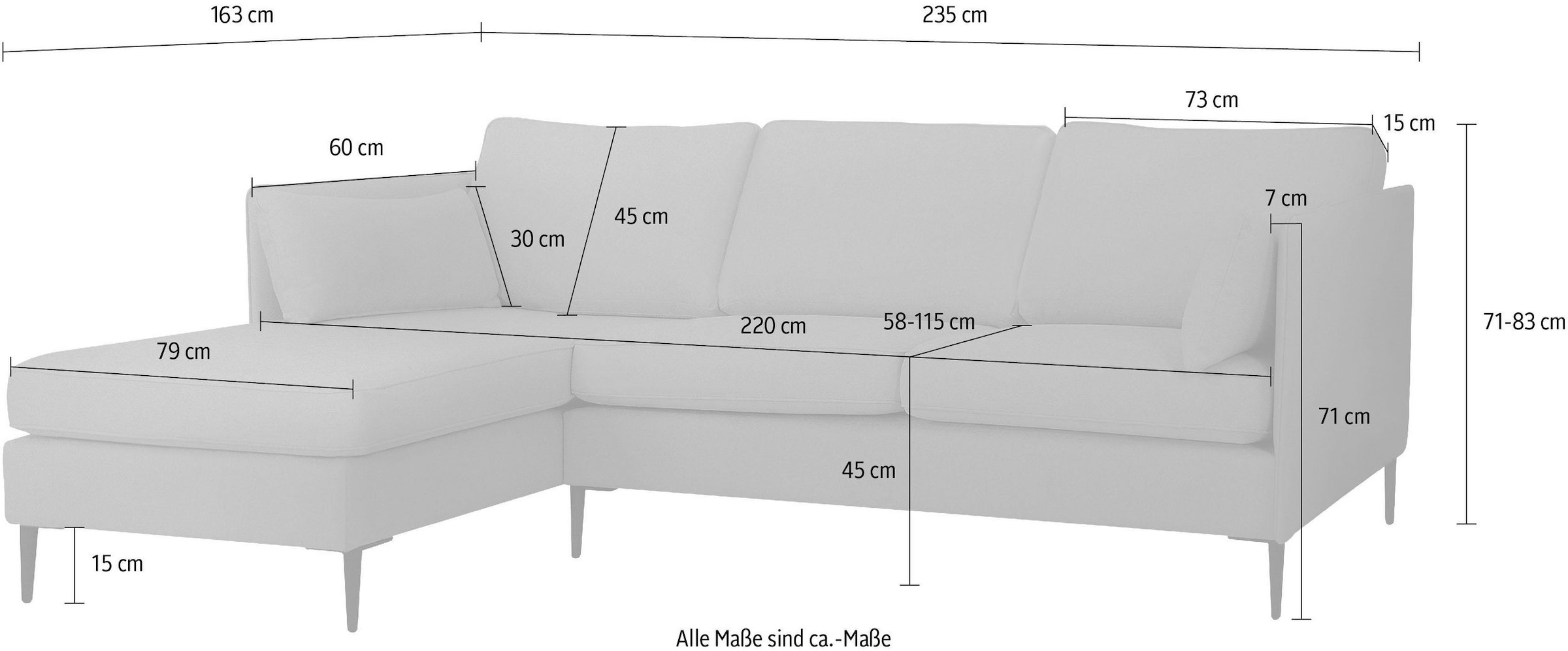 Leonique Ecksofa »Light L-Form«, inklusive loser Zierkissen, mit schmalen Armlehnen und Teleskopfüßen