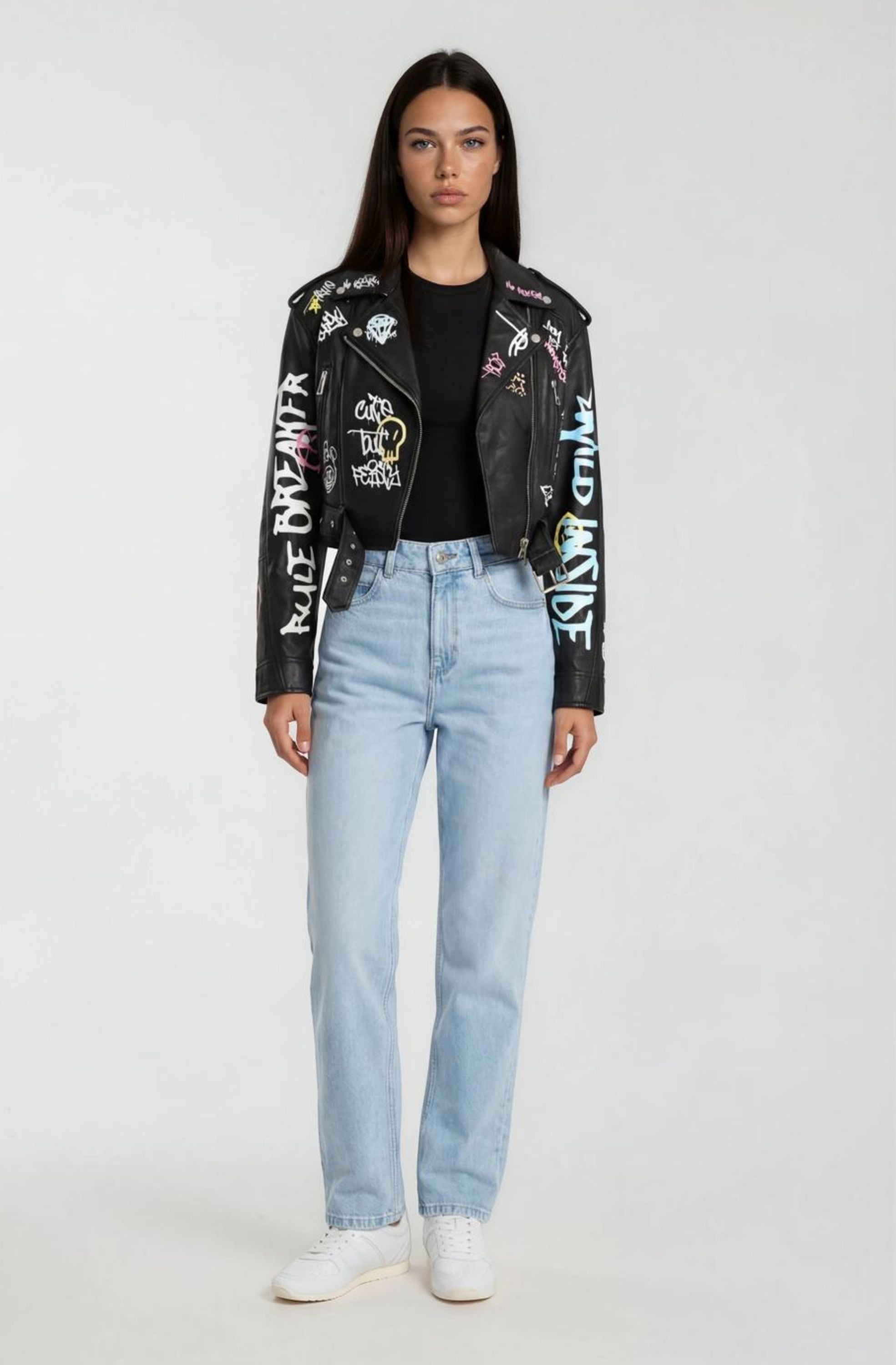 trueprodigy Lederjacke »Senra Graffitiprint und Gürtel« ohne Kapuze