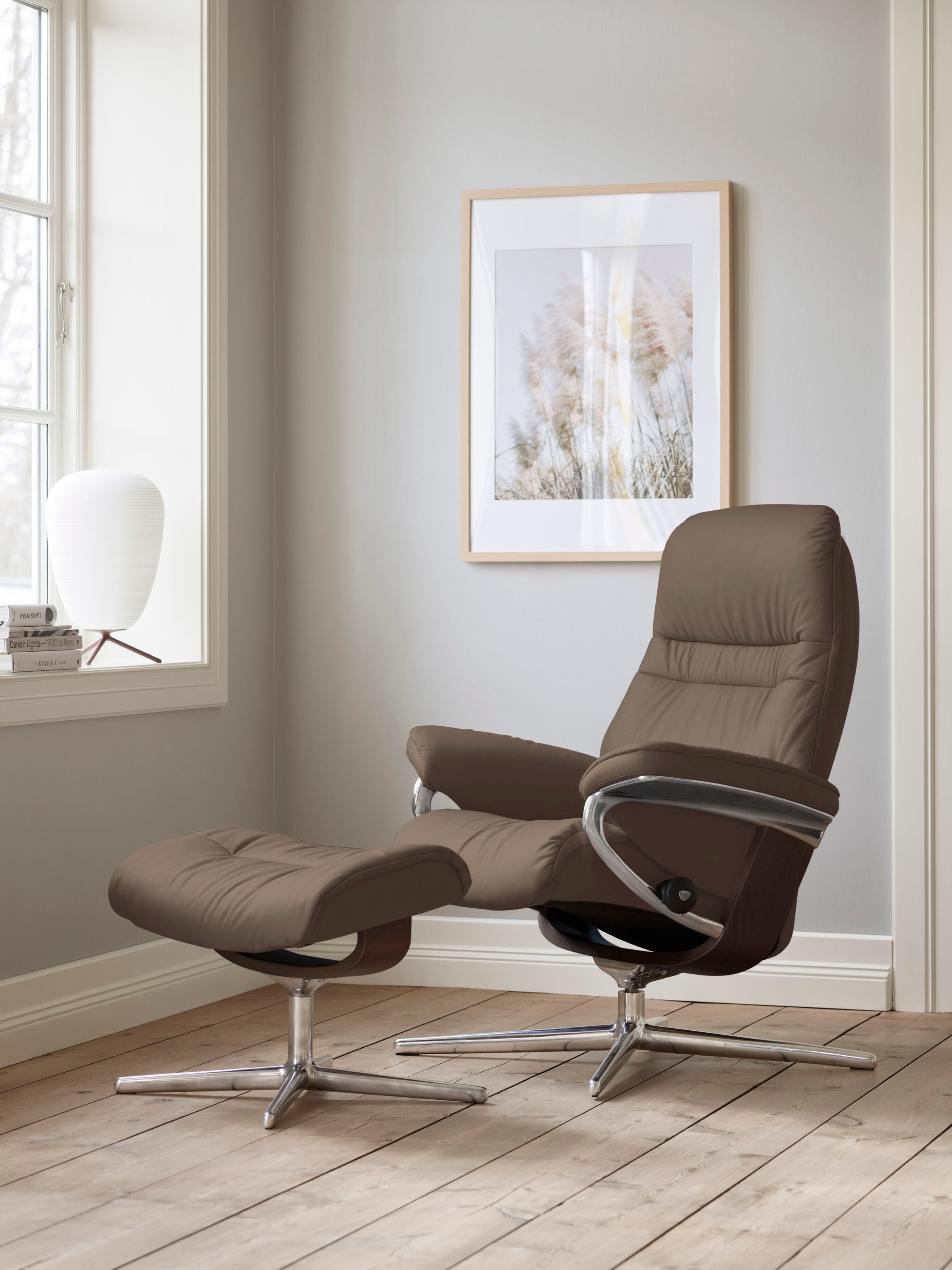 Stressless® Relaxsessel »Sunrise« Set, Relaxsessel mit Hocker,  mit Hocker, mit Cross Base, Größe S, M & L, Holzakzent Braun