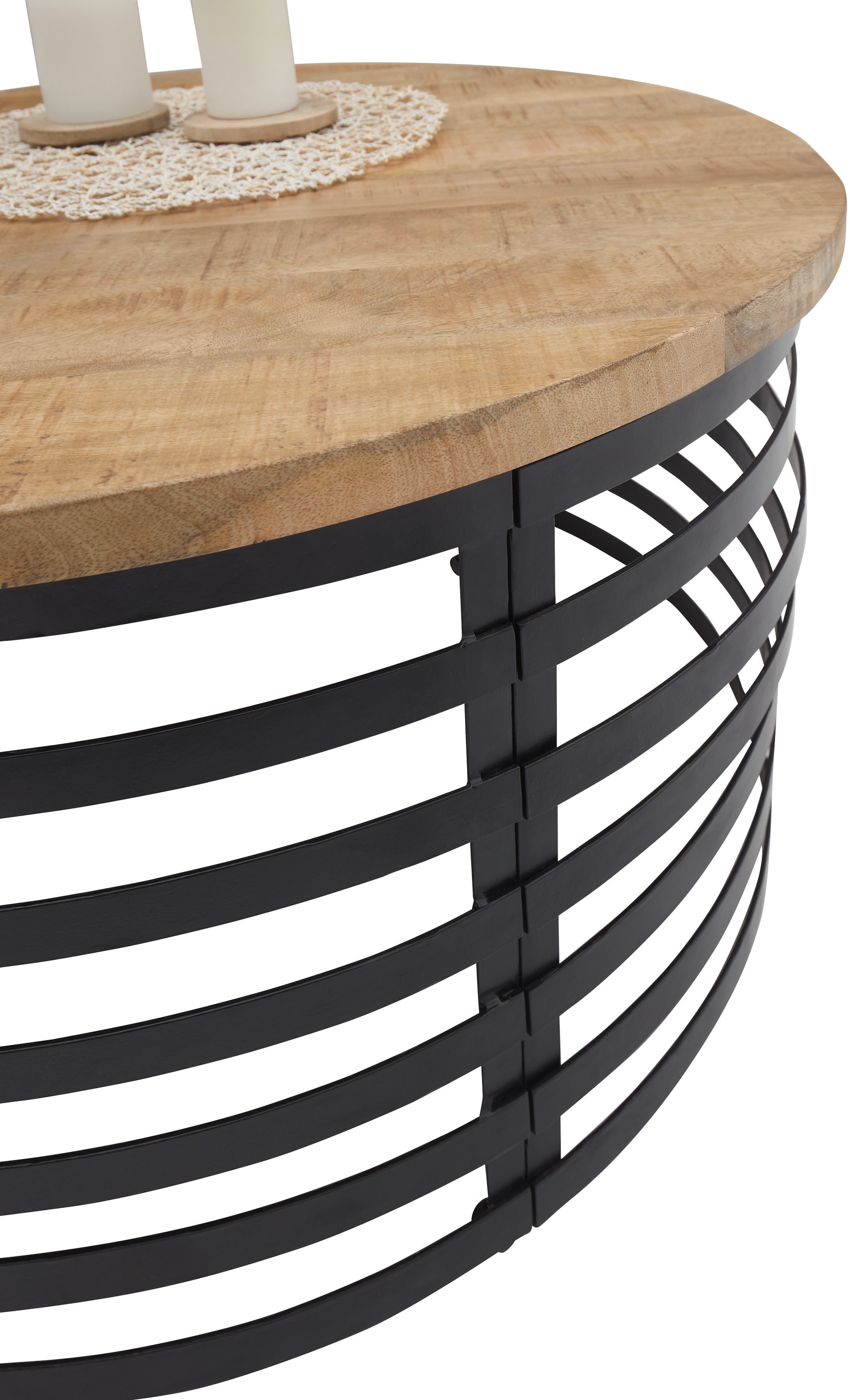 Stolkom Couchtisch »Marly Massivholztisch rund, Wohnzimmertisch, BxH 80x40 cm«, Formschönes Design, Gestell in Metall schwarz matt