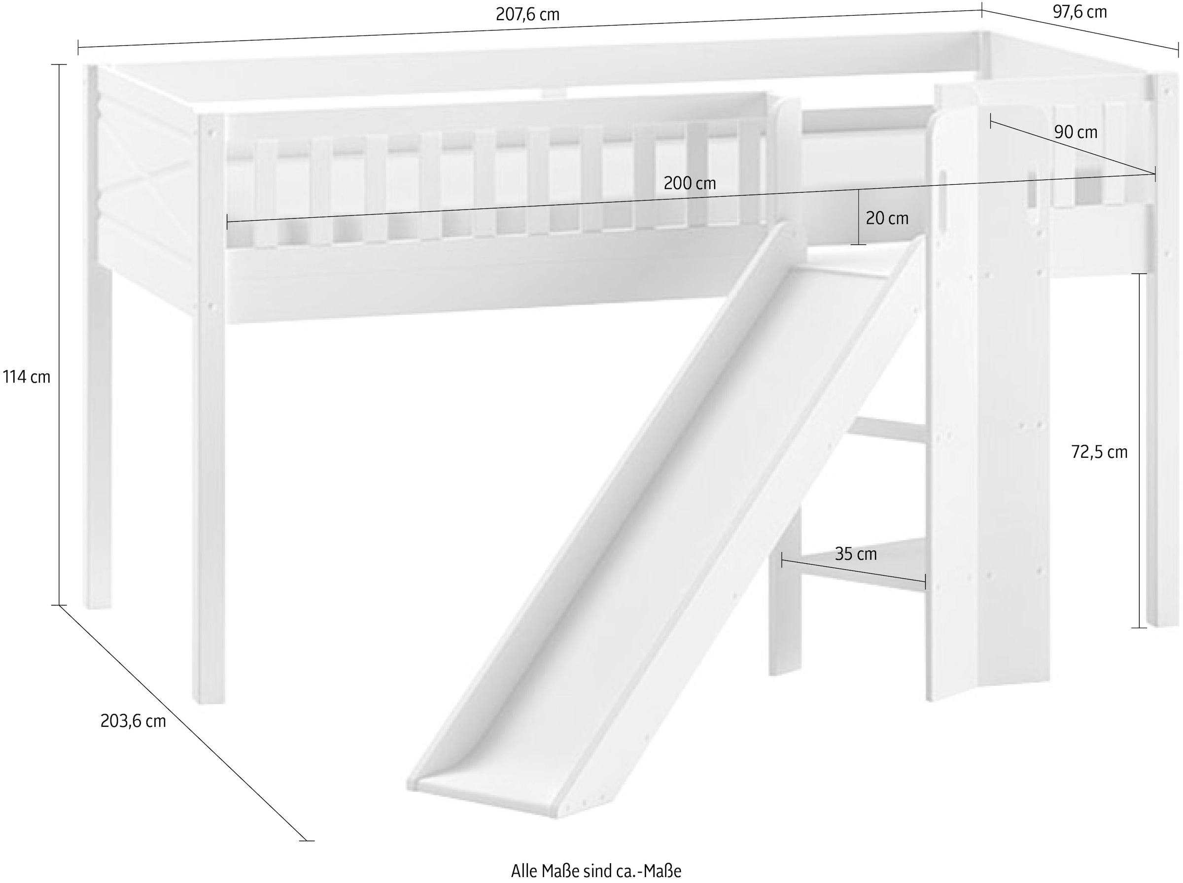 Vipack Hochbett »Scott«, (Made in Europe), m. Rollrost, LF 90x200 cm, Kiefer weiß lackiert, mit oder ohne Rutsche
