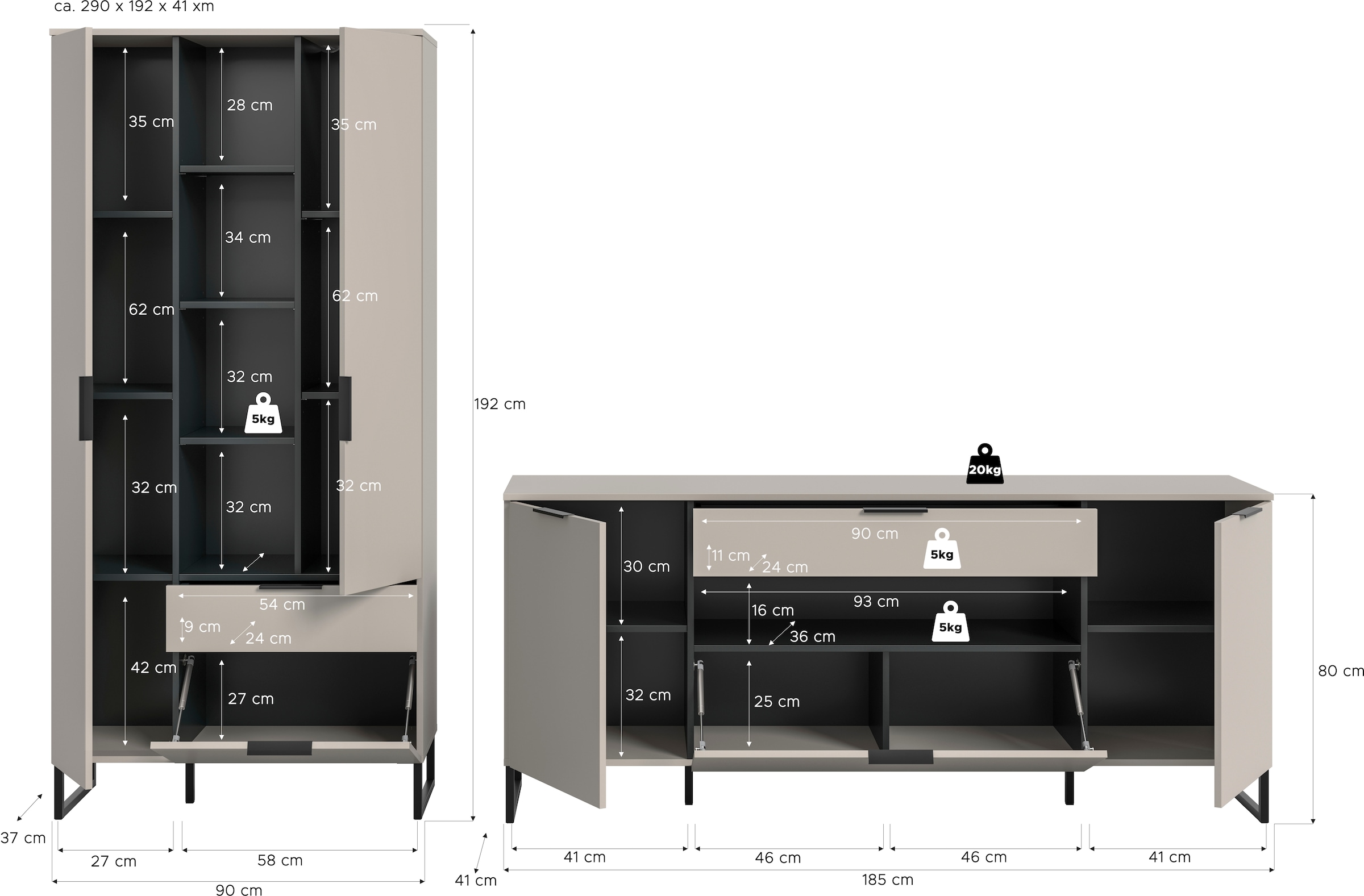 Home affaire Wohnwand »ADIO, Breite 290 cm, 2-teiliges Set, mit Metall-Kufenfüße« Set, bestehend aus: Mehrzweckschrank und Sideboard, 2 Stk. tlg.