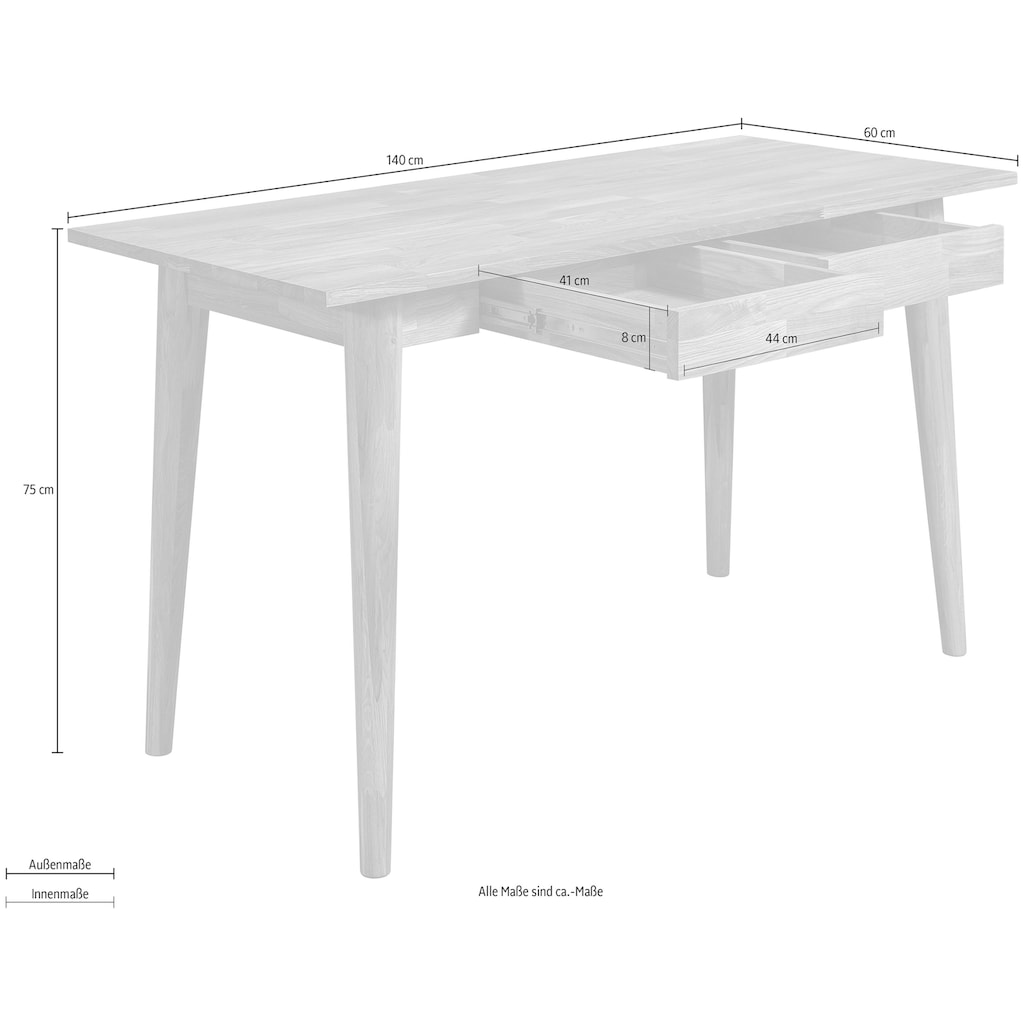 Home affaire Schreibtisch »Scandi«, aus massivem Eichenholz, Breite 140 cm, mit Schubladen