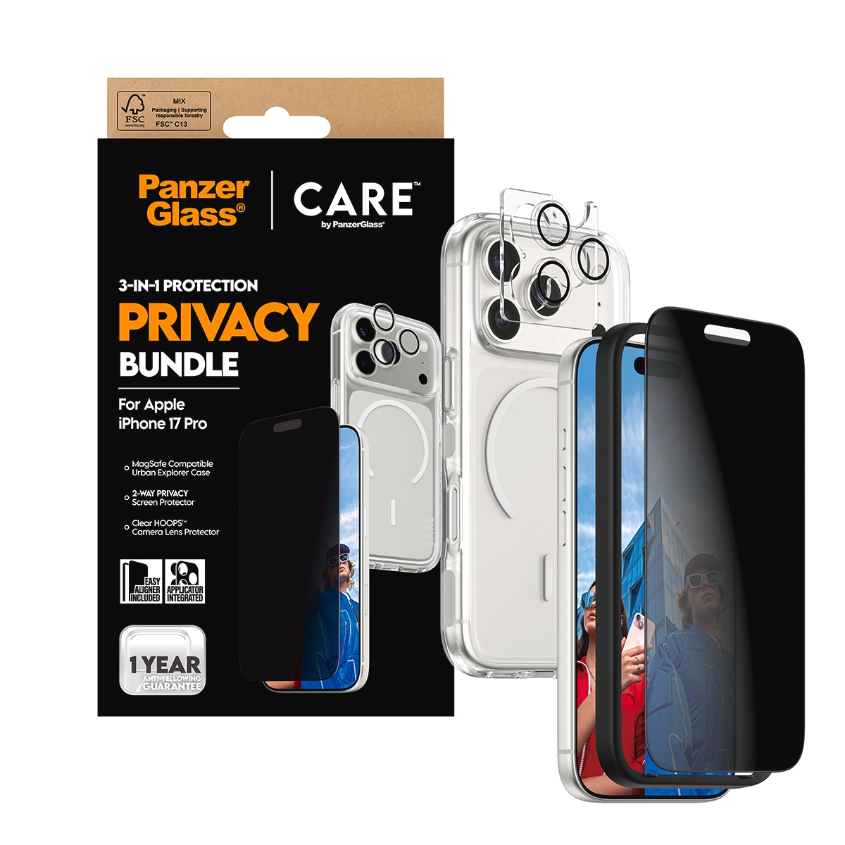 CARE by PanzerGlass Handyhülle »3-in-1 Flagship Privacy Bundle Apple iPhone 17 Pro« Apple iPhone 17 Pro Backcover, Schutzhülle, Handyschutzhülle, Case, Schutzcase, stoßfest